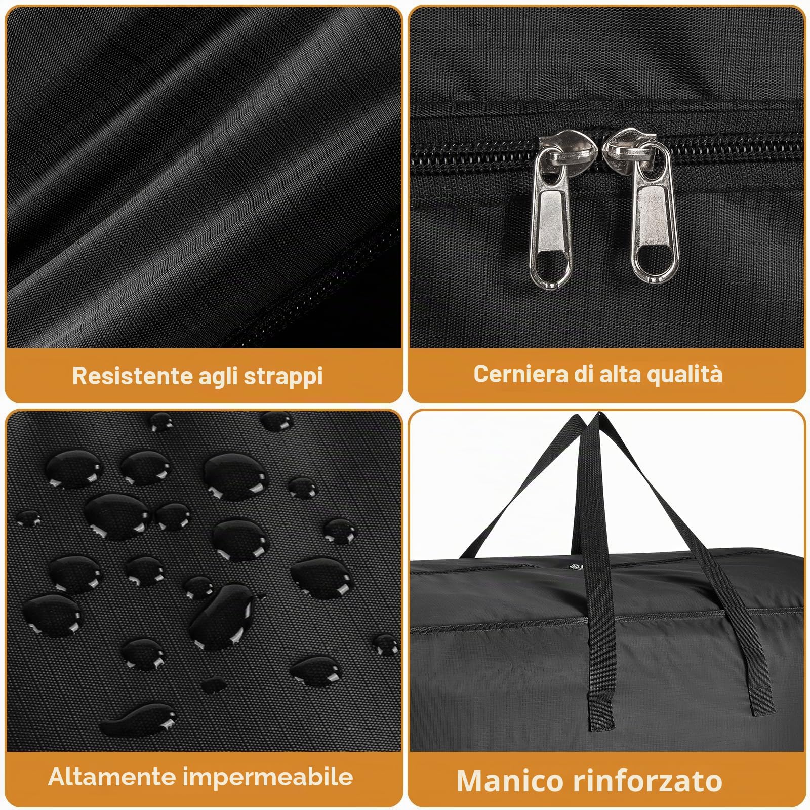 Confezione da 4 grandi borse da viaggio resistenti, borsa da palestra pieghevole, borsa sportiva, robusta borsa da viaggio Oxford 600D, leggera e impermeabile, borsa per il fine settimana, 128 l, Nero