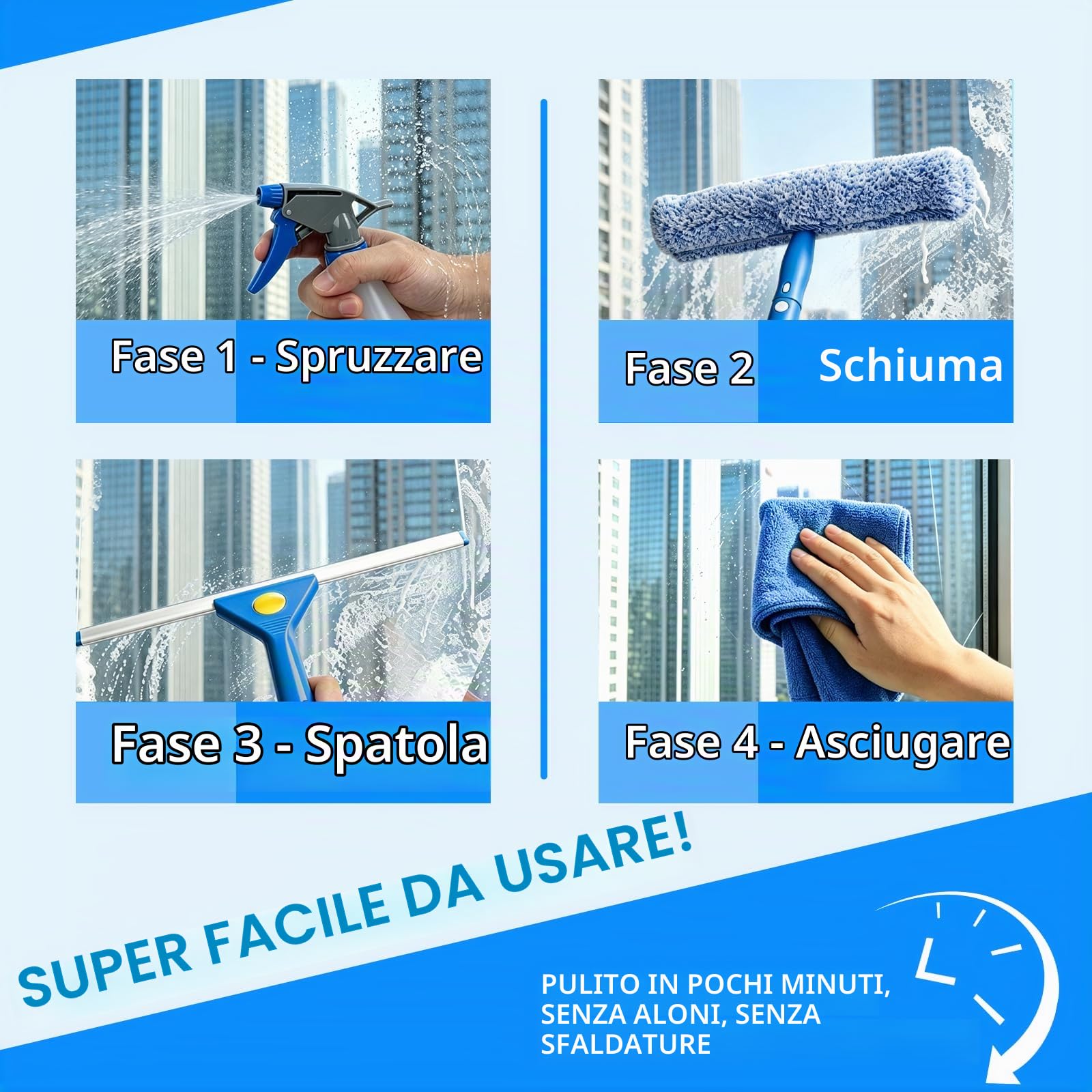 ddLUCK Pulizia Vetri Kit, Professionale Pulisci Vetri con Secchio | Manico Lungo Lavavetri Telescopico 2M, Tergivetro Silicone, Spugna Microfibra, Flacone Spray, Panno, Con Auto Finestre Alte