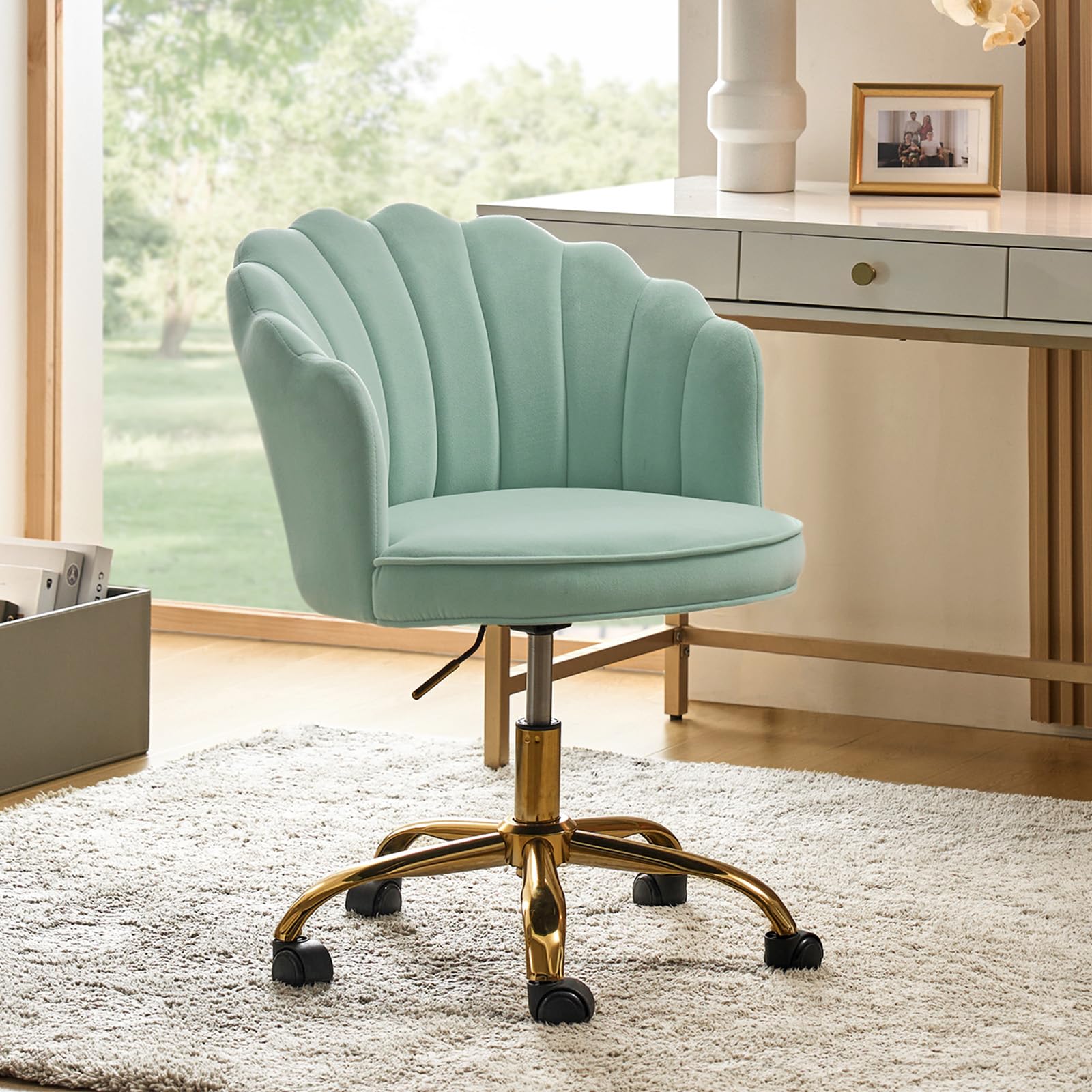 HULALA HOME Velvet Home Office Desk Chair with Gold Base, Sage
