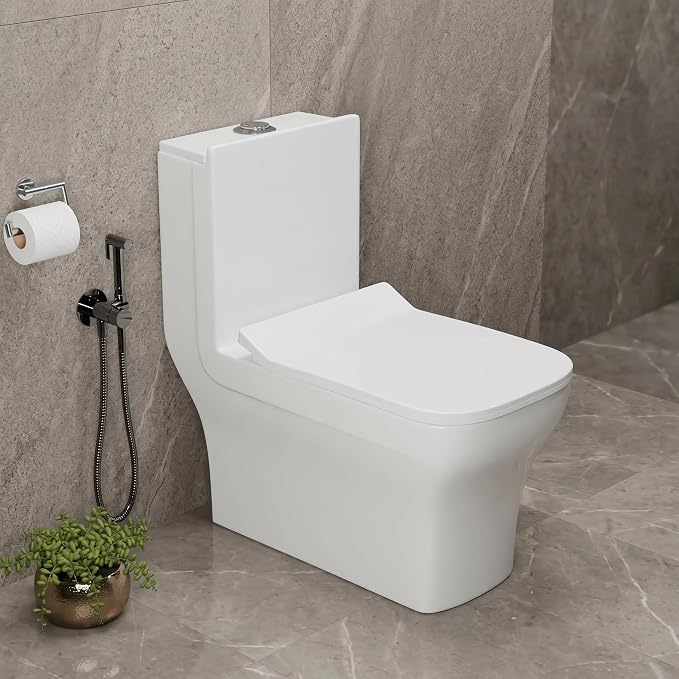 InArt Floor Mounted One-Piece Western Toilet, Square European Commode Toilet, Ceramic Water Closet with Soft Close Seat, S-Trap Outlet 9 Inch Distance, 10 Years Warranty