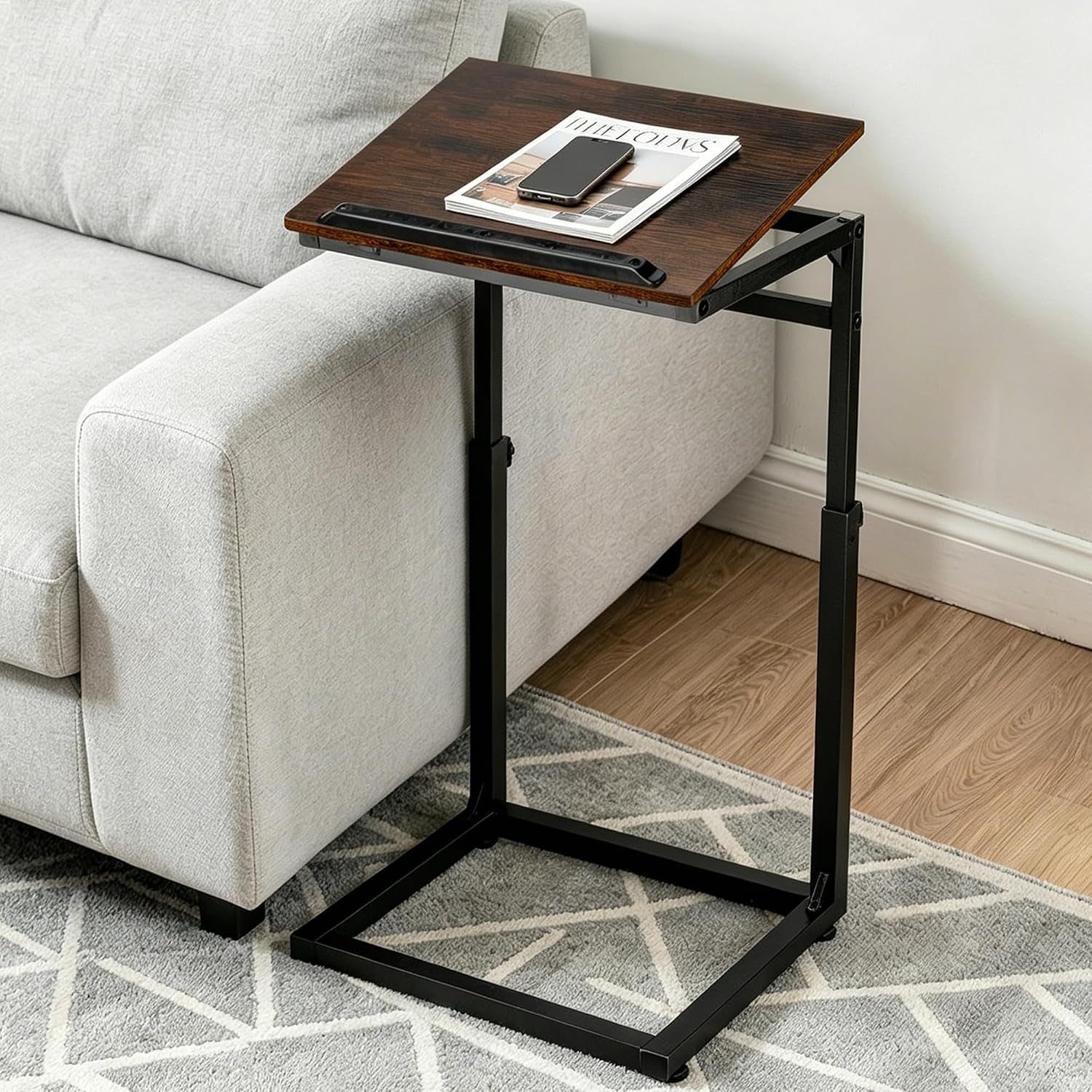 facka C Shaped TV Tray Table, Adjustable Height & 0-60° Tilt for Couch | C Table Sofa Side End Table with Stopper Ledge, Couch Table for Eating, Laptop, Reading & Small Spaces Brown