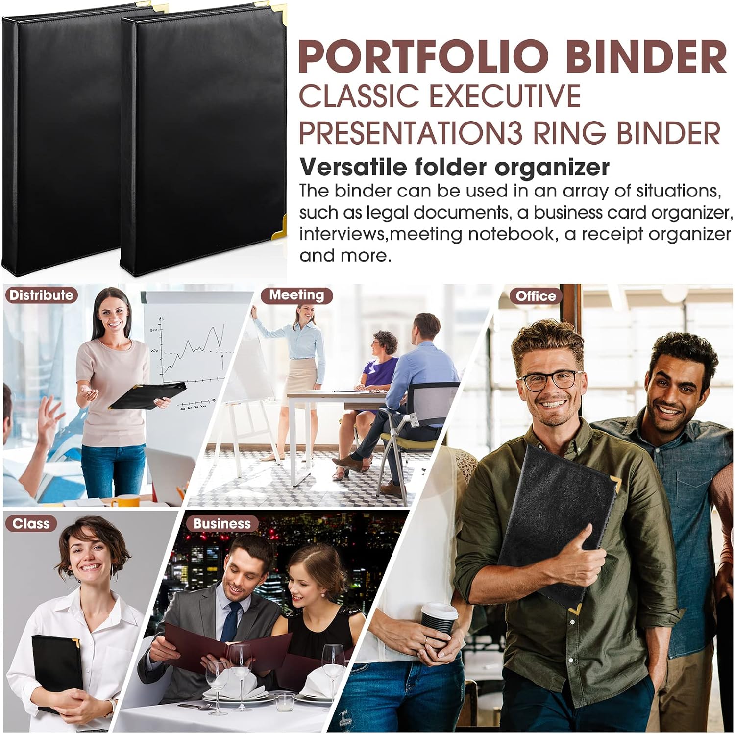 Marspark 2 Pcs 3 Ring Leather Binder Notebook Vintage Professional Binder Hardback Letter Size 8.5 x 11 Documents Round Rings Holds 200 Sheets with 2 Inner Pockets(0.5 Inch,Black)