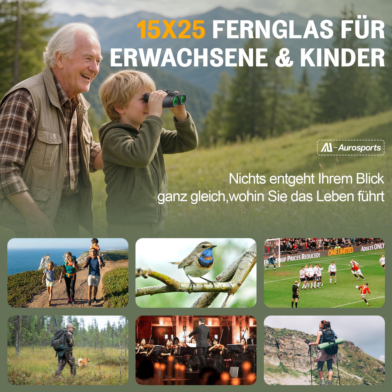 Aurosports Fernglas 15x25 Kompakt Fernglas für Kinder Erwachsene Ferngläser | Klein, Hochauflösend, Einfacher Fokus, Vogelbeobachtung, Reisen Jagd, Konzerte, Camping, Theater, Sportüberwachung, Schwarz
