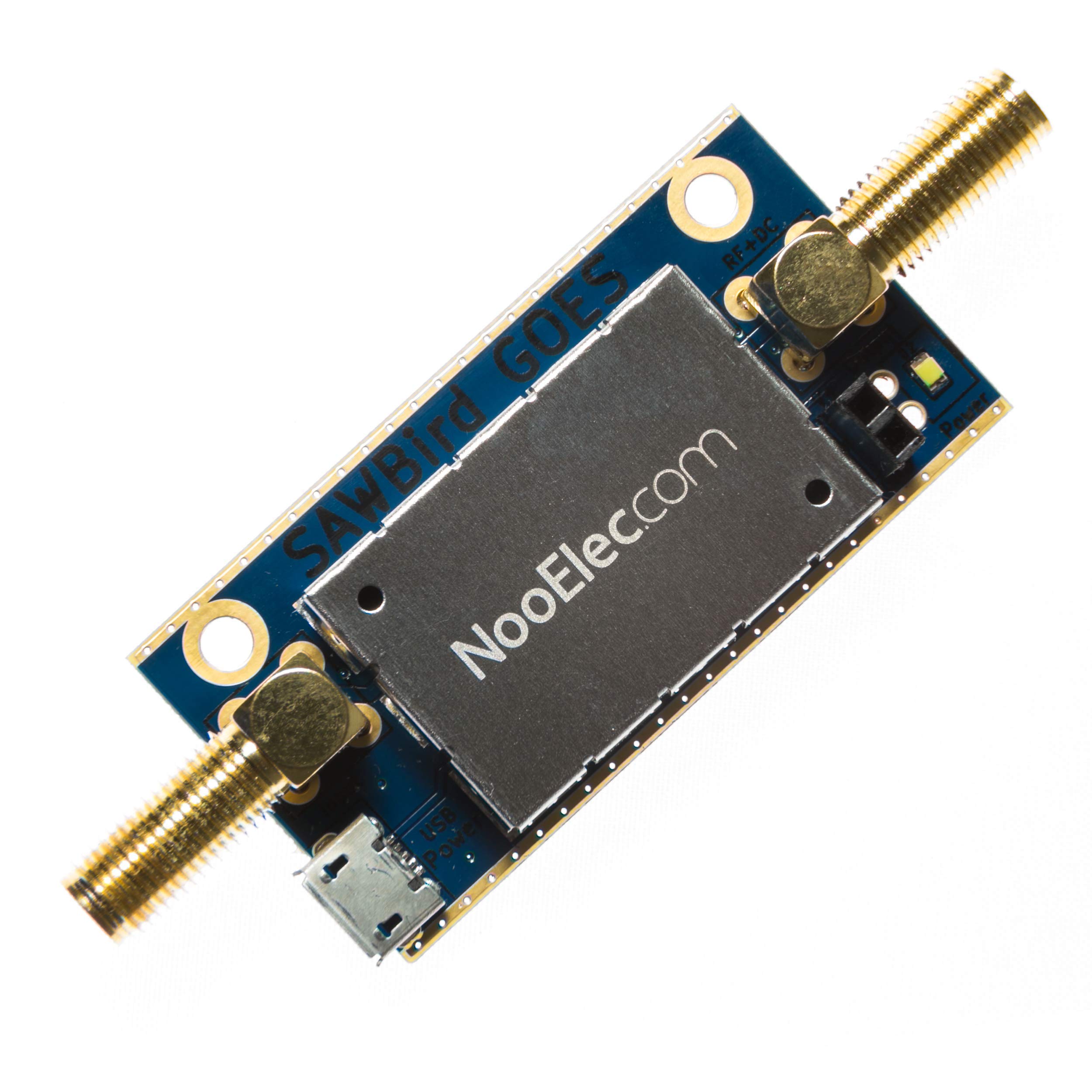 NooElec SAWbird GOES Barebones - podwójny wzmacniacz o bardzo niskim poziomie szumów (LNA) i moduł filtra SAW do NOAA (GOES/LRIT/HRIT/HRPT). Częstotliwość środkowa 1688 MHz