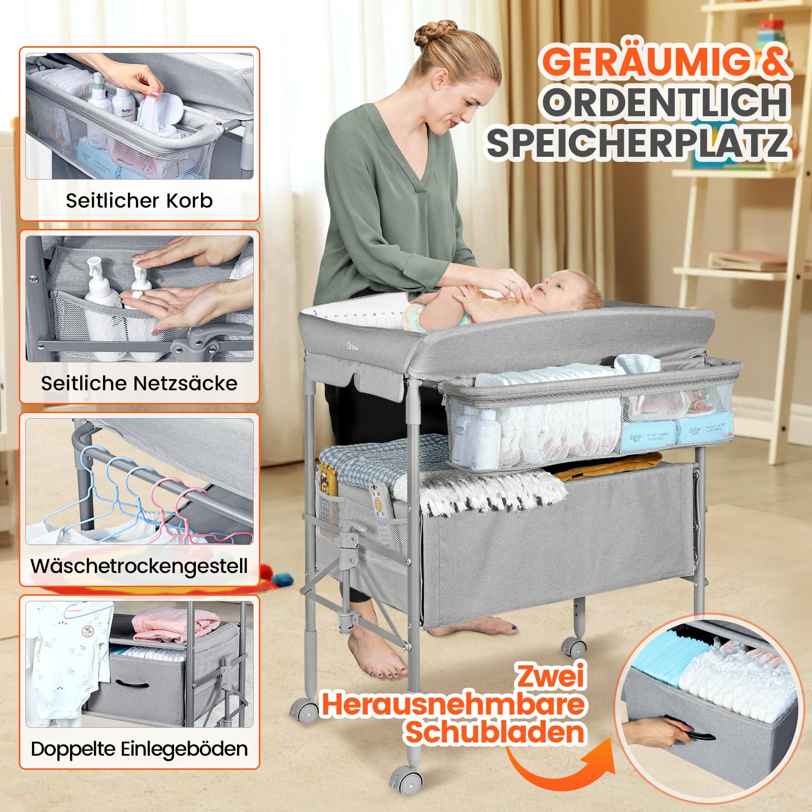 Orzbow Baby Wickelkommode mit Schubladen und Nachtlicht, Höhenverstellbarer Mobiler Wickeltisch Klappbar mit Sicherheitsgurt, Grau