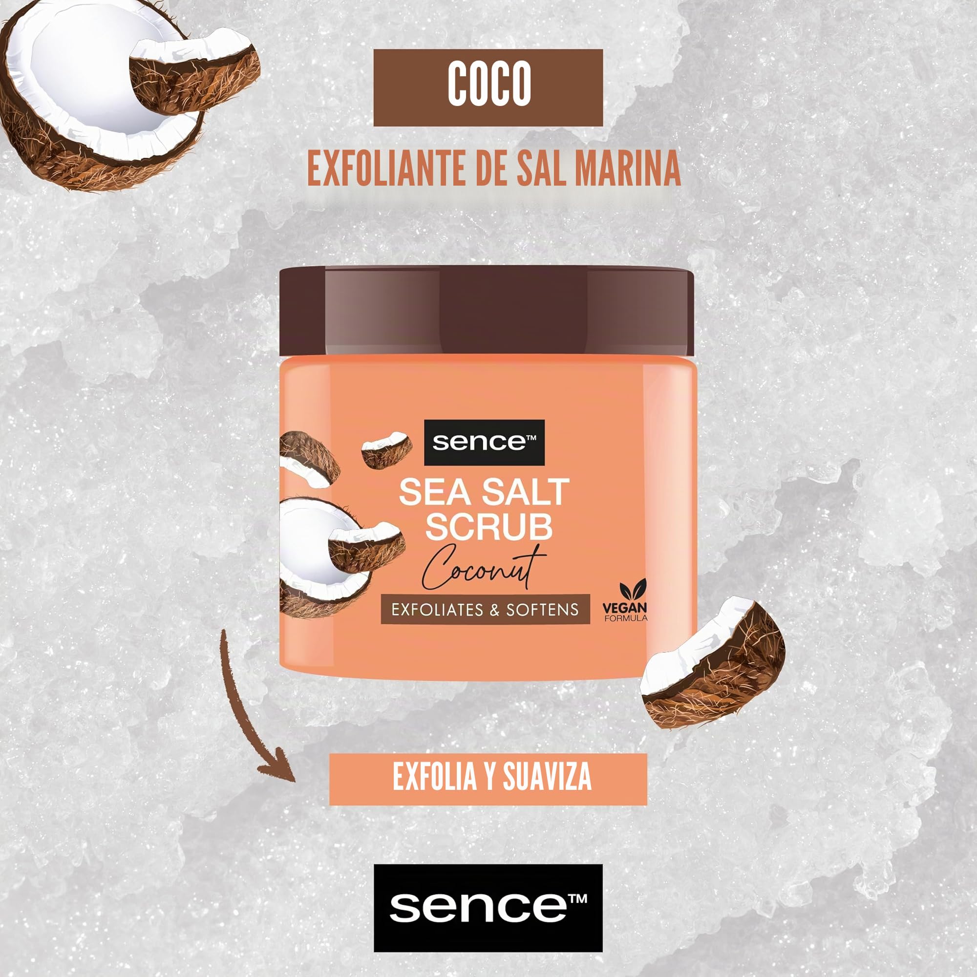Sence Body Scrub Coconut, Exfoliante de sal marina de coco, vegano con toque tropical, aceite de jojoba y vitamina E, exfoliante cosmético de aceite de coco, cuidado de belleza, aceite de coco natural