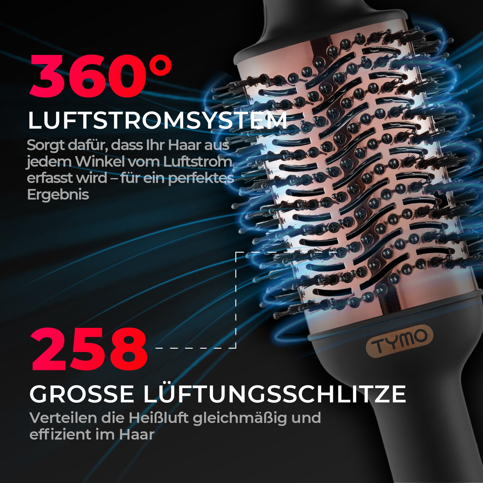TYMO Warmluftbürste Rundbürstenföhn, Haartrockner und Volumenbürste in einem, Ionen Föhnbürste Stylingbürste Für Schnelles Föhnen, Glätten, Locken, Volumen Kreieren, 3 Temperaturen, Eurostecker, Gold