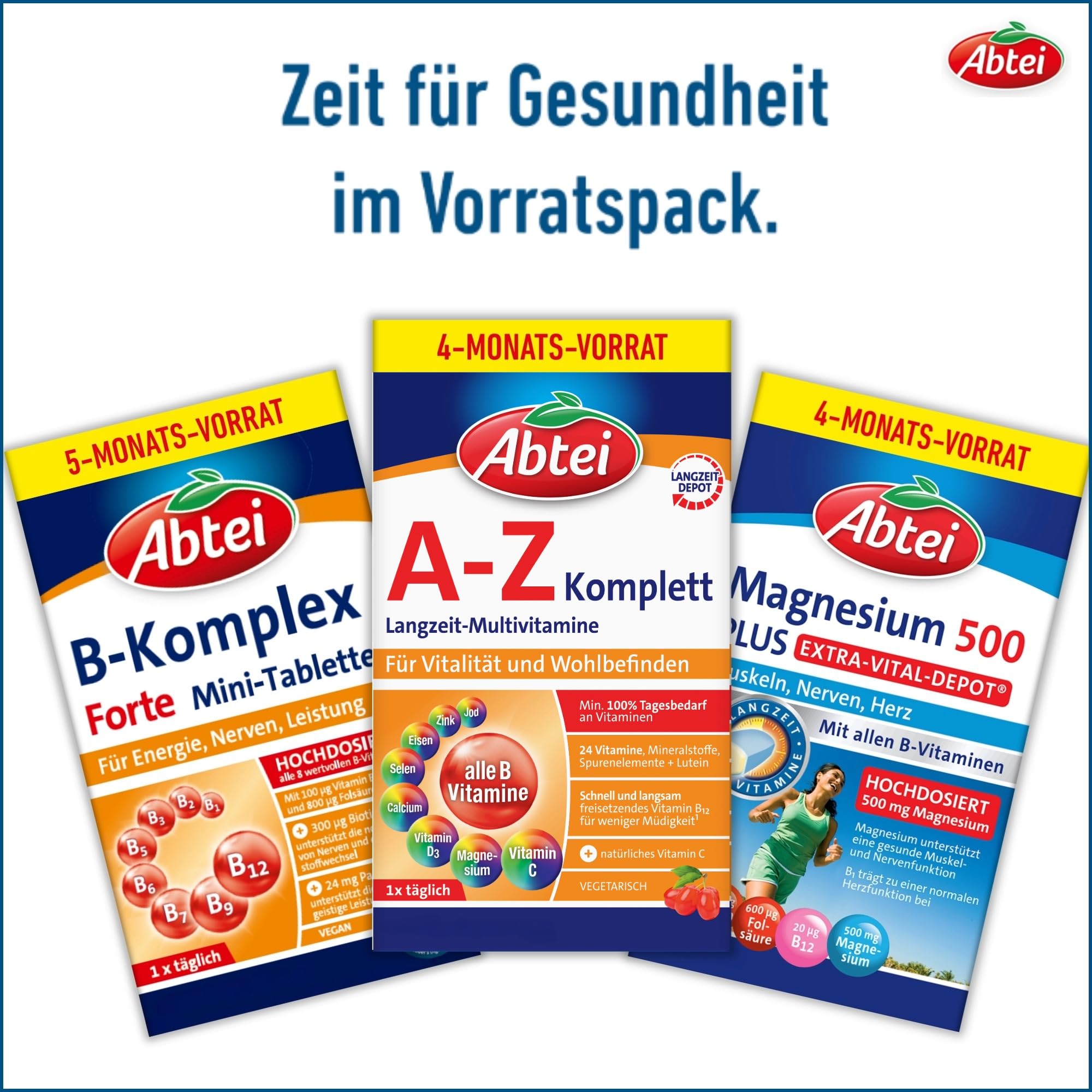 ABTEI A-Z Komplett Langzeit-Multivitamine – Multivitamintabletten mit 24 Vitaminen und Mineralstoffen – für das Wohlbefinden – vegetarisch – Vorratspackung – 120 Tabletten für 4 Monate