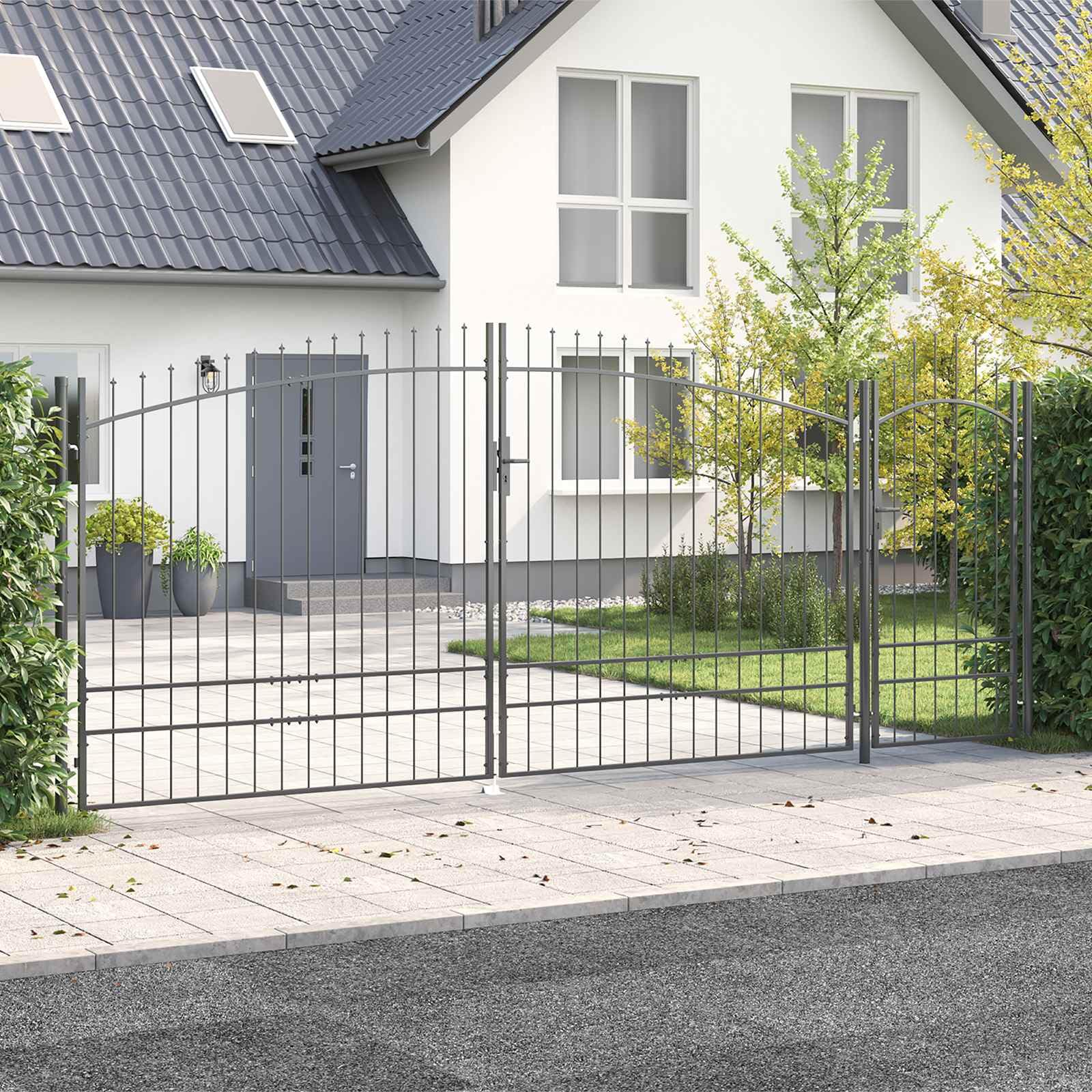 Puerta de jardín WOERDEN 195 x 500 cm, acero gris con recubrimiento de polvo, se puede cerrar con cerradura de seguridad para jardín, terraza, entrada, valla, entrada, patio, resistente y
