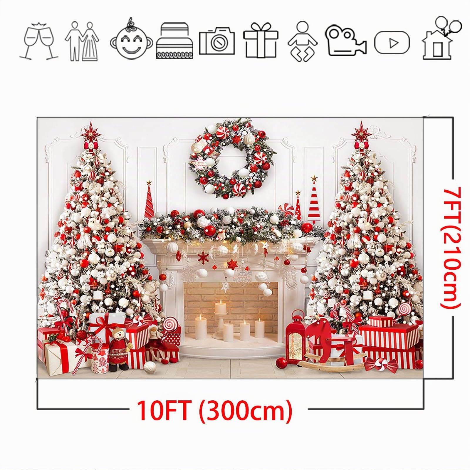 Avezano Sfondo natalizio con albero di Natale rosso e camino, sfondo invernale per foto di famiglia e bambini, decorazioni per feste (3 x 2,1 m)
