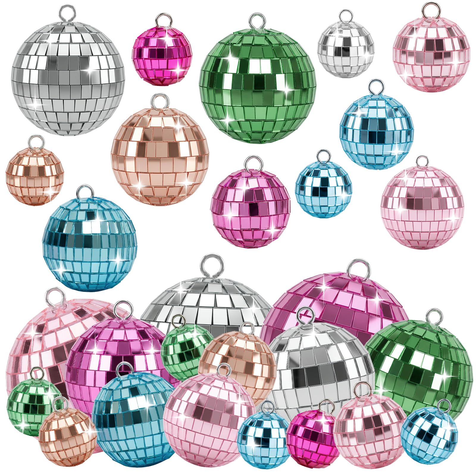 Kaluofan Lot de 25 boules à facettes colorées - Mini boules à facettes - Rose/bleu/vert - Petites boules disco à suspendre - Pour sapin de Noël, mariage, maison, fête, fête d'anniversaire