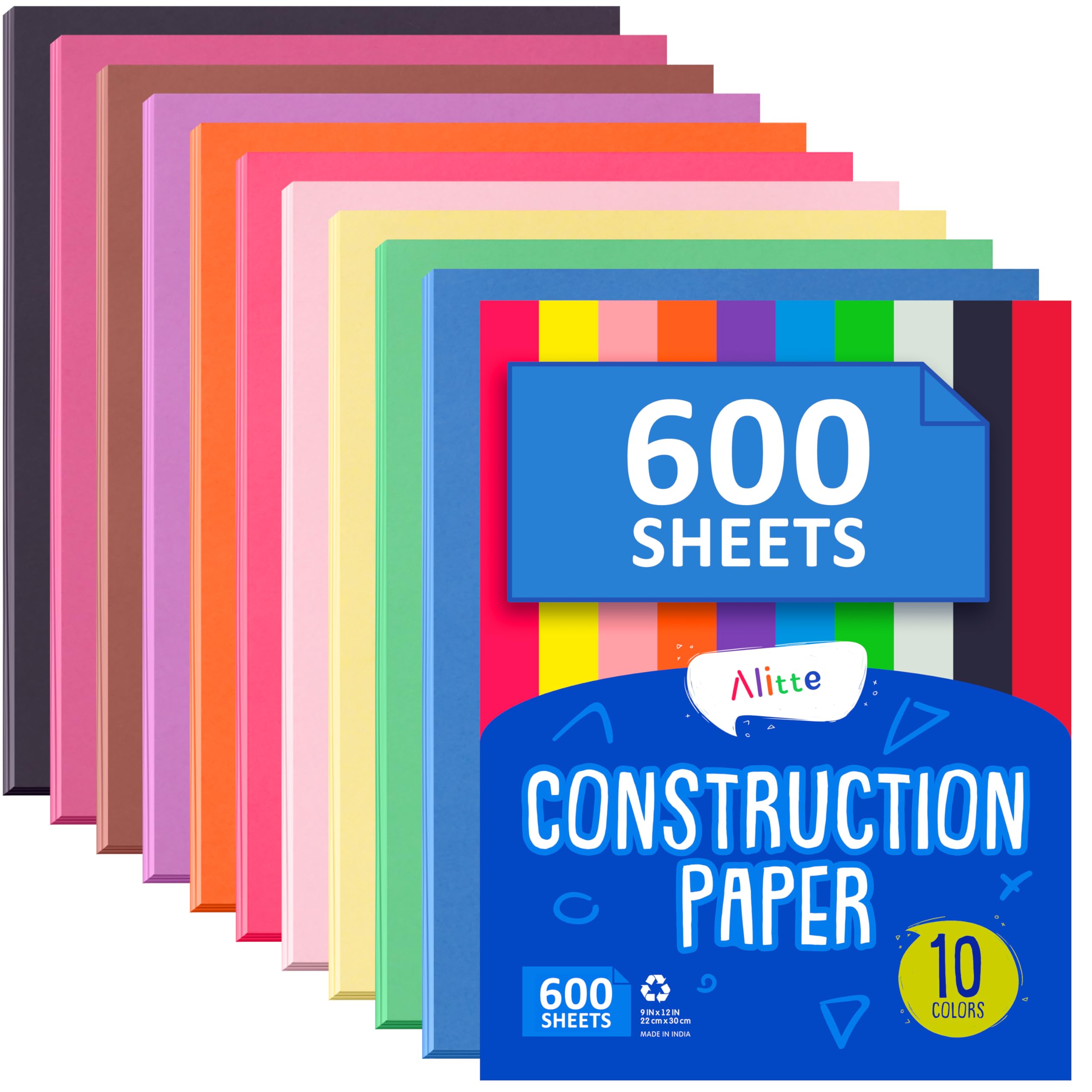 Alitte Construction Paper Assorted Colors - (600 Sheets, 9x12), Craft Paper, 10 Bright Colors - Bulk Pack Arts & Crafts Projects - Colored Paper For Preschool, Home, And Classroom Supplies