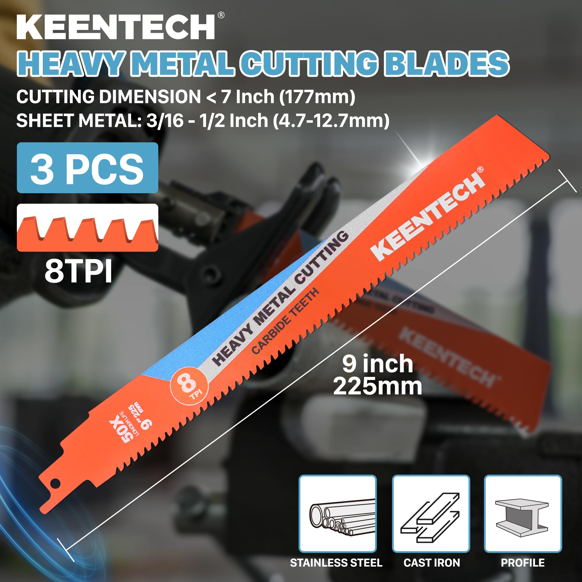 KEENTECH Cuchillas Sawzall de carburo para corte de metales duros y pesados, 9 pulgadas, 8 TPI, hoja de sierra alternante resistente con alta velocidad de corte para metal grueso, hierro fundido,