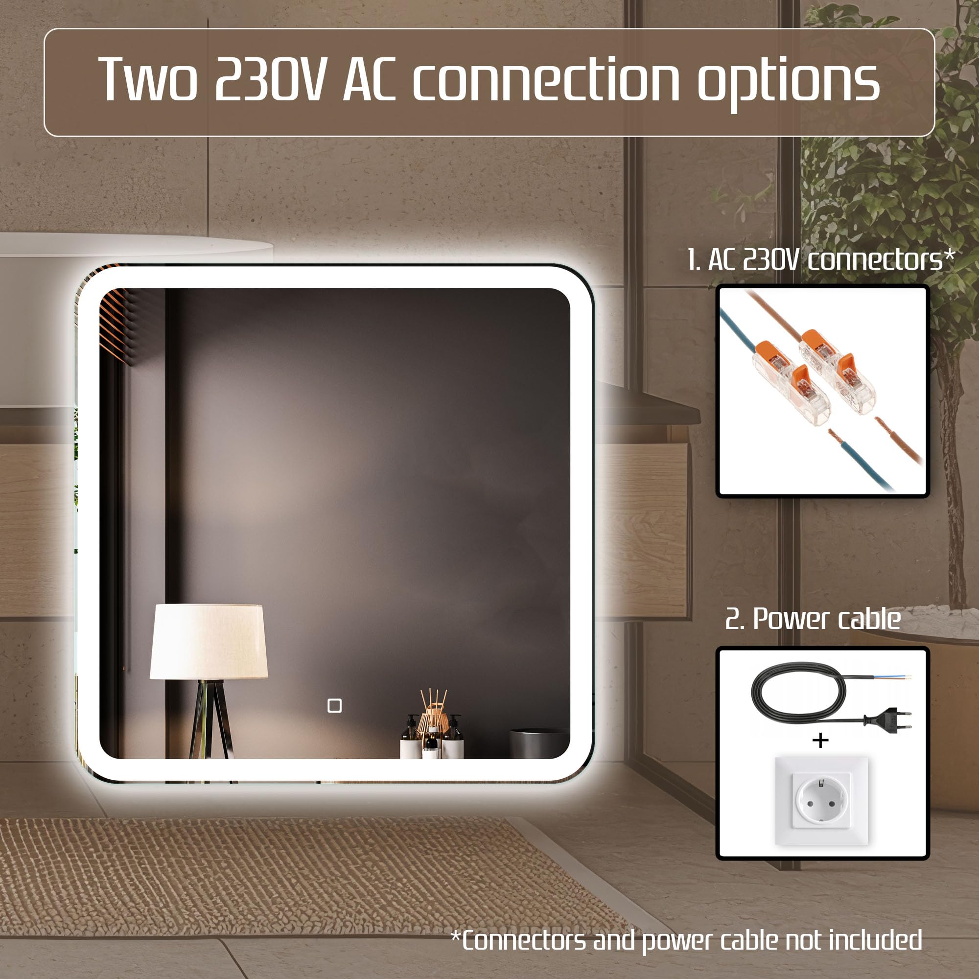 Venti Specchio Bagno Bagno Quadrato 60x60cm Luce LED, Specchio Bagno Retroilluminato, con Interruttore Touch, Angoli arrotondati con luce LED Frontale Bianca Naturale
