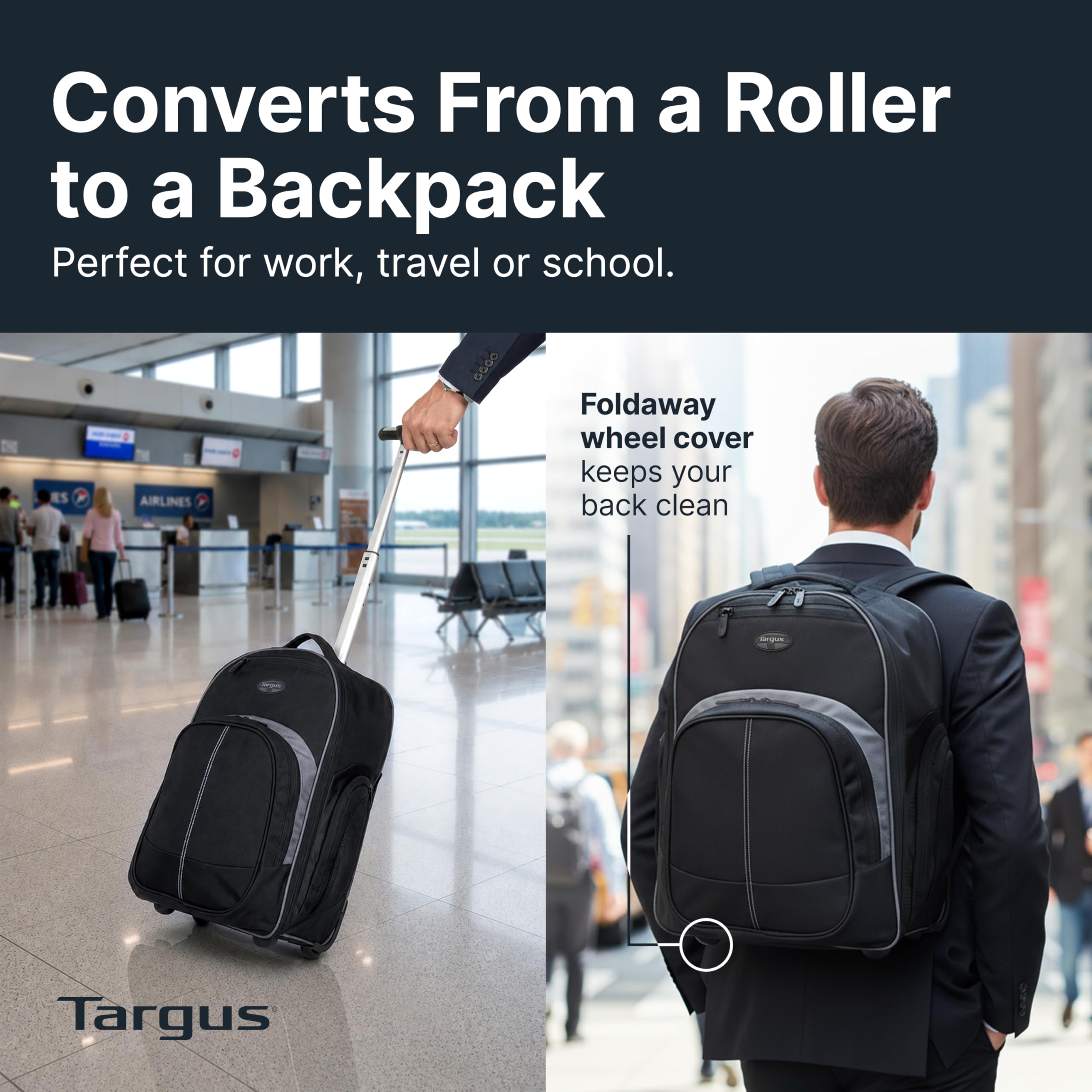 Targus Kompakter Roll-Rucksack für Business, College Student und Reise, Pendler, strapazierfähiges Material, Tablet-Tasche, abnehmbare Laptop-Schutzhülle für 16 Zoll Laptop, schwarz (TSB750US)