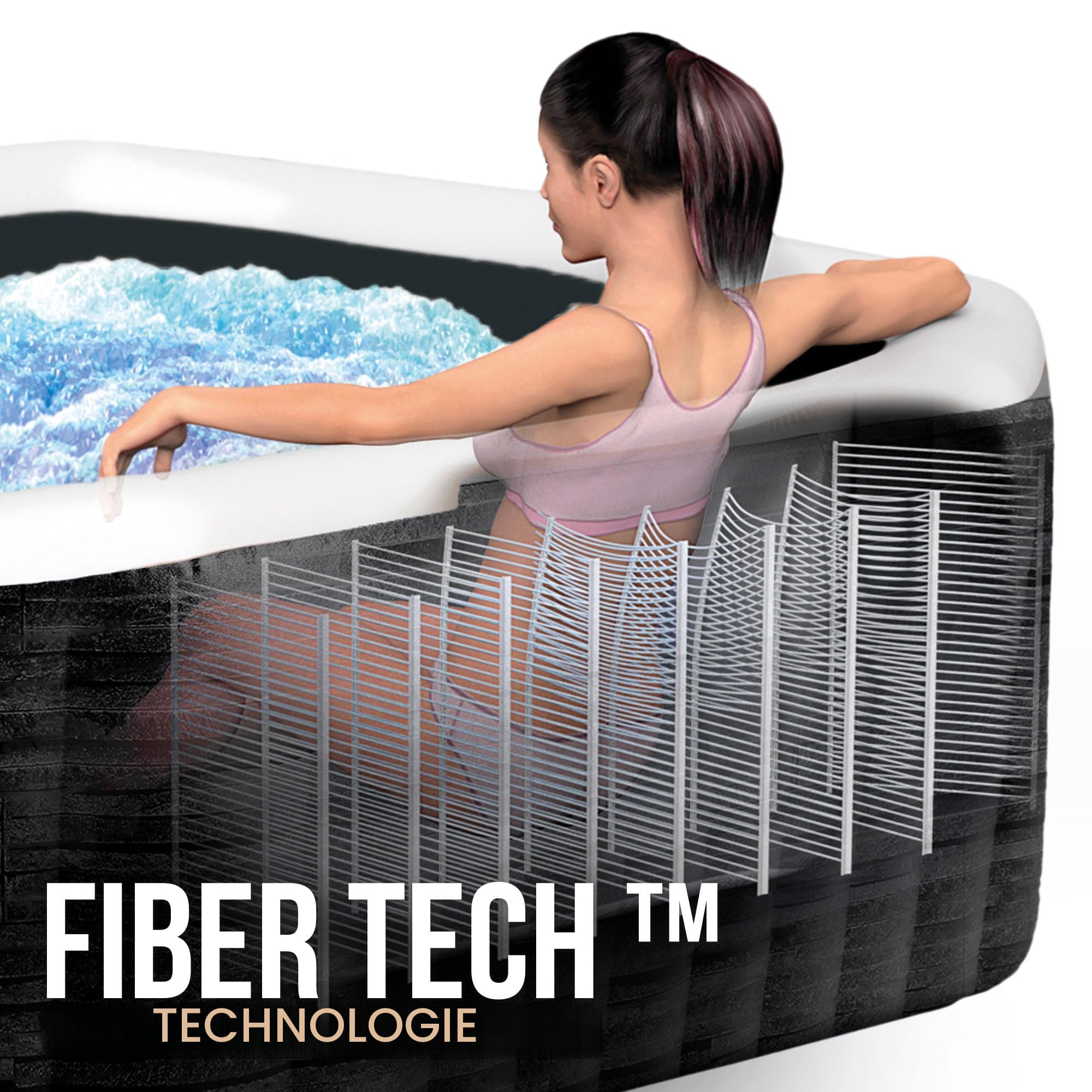 INTEX PureSpa Greywood Deluxe In- & Outdoor Whirlpool aufblasbar für 4 Personen 795 L (145 x 71cm) Inkl. Wasserenthärtungs- & Salzwassersystem - 140 Massagedüsen - Heizsystem - APP Steuerung & LED