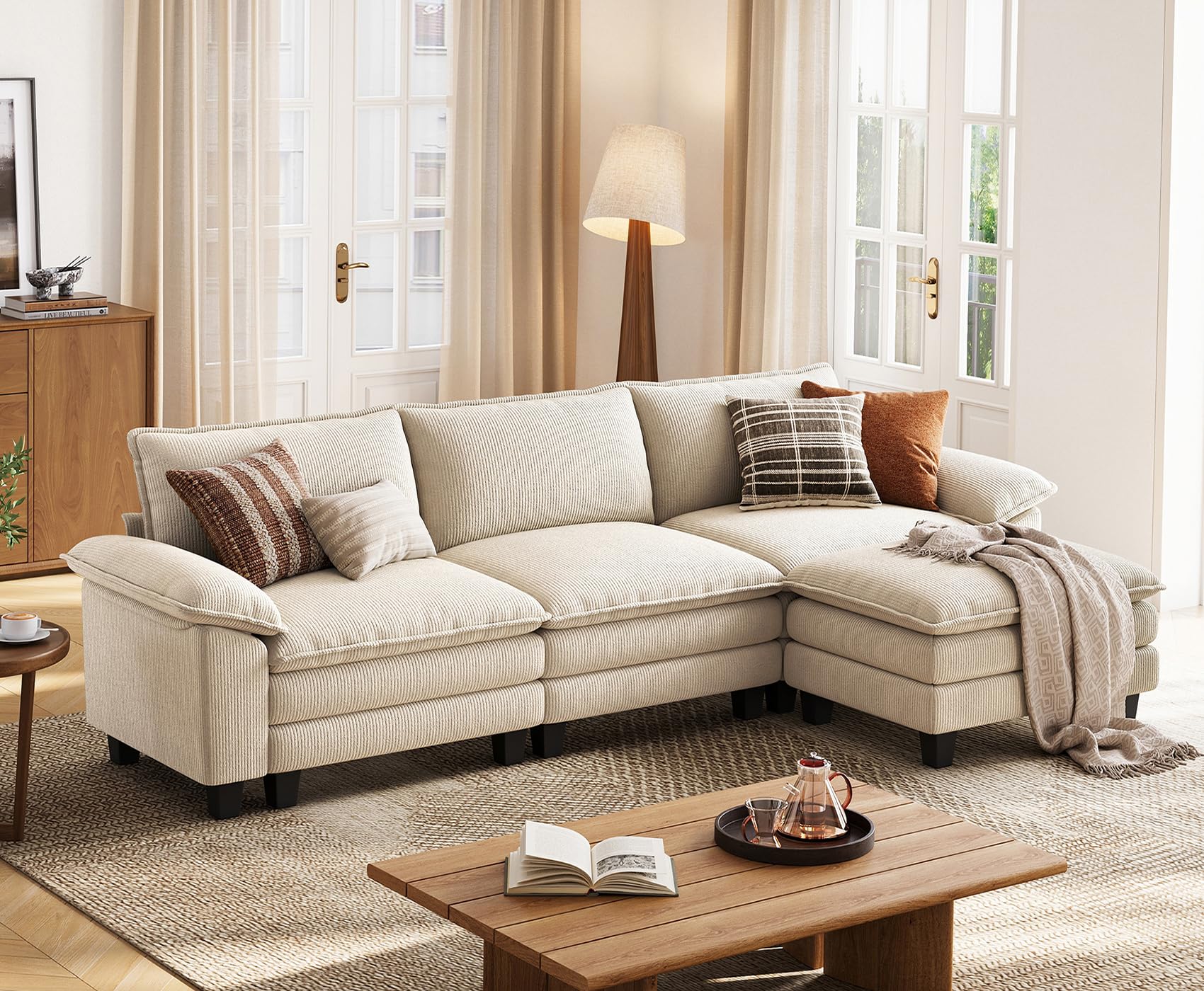 LINSY HOME 123 Modular Sectional Sofa Beige Couch Corduroy Cloud Couches for Living Room L Shaped Couch with
