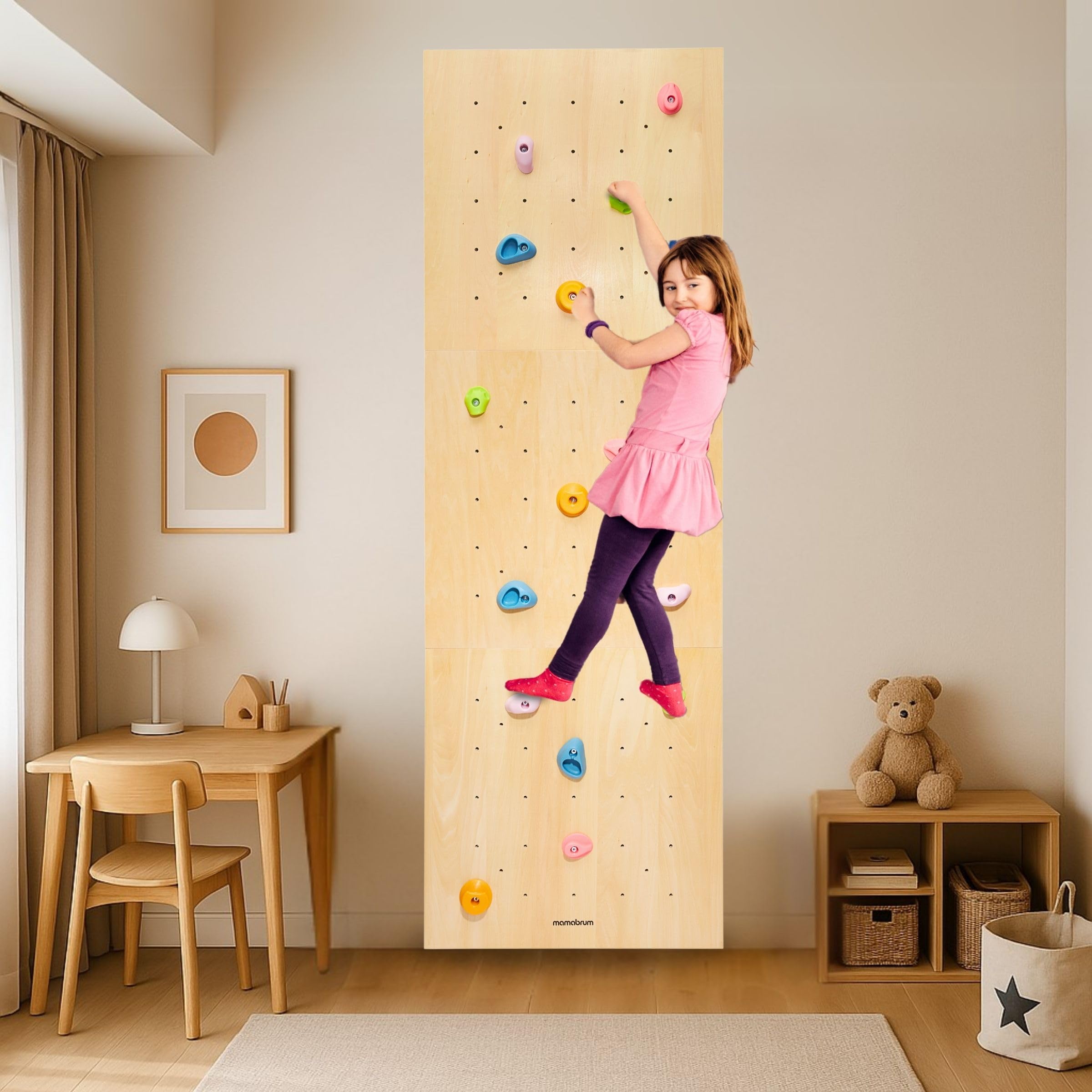 Mamabrum Holzkletterwand für Kinder mit 15 Griffen - 3 Montagepaneele mit Verstellbarkeit - Für Kinderzimmer - Max 100 kg - Ab 3 Jahre - Aktiver Homespaß