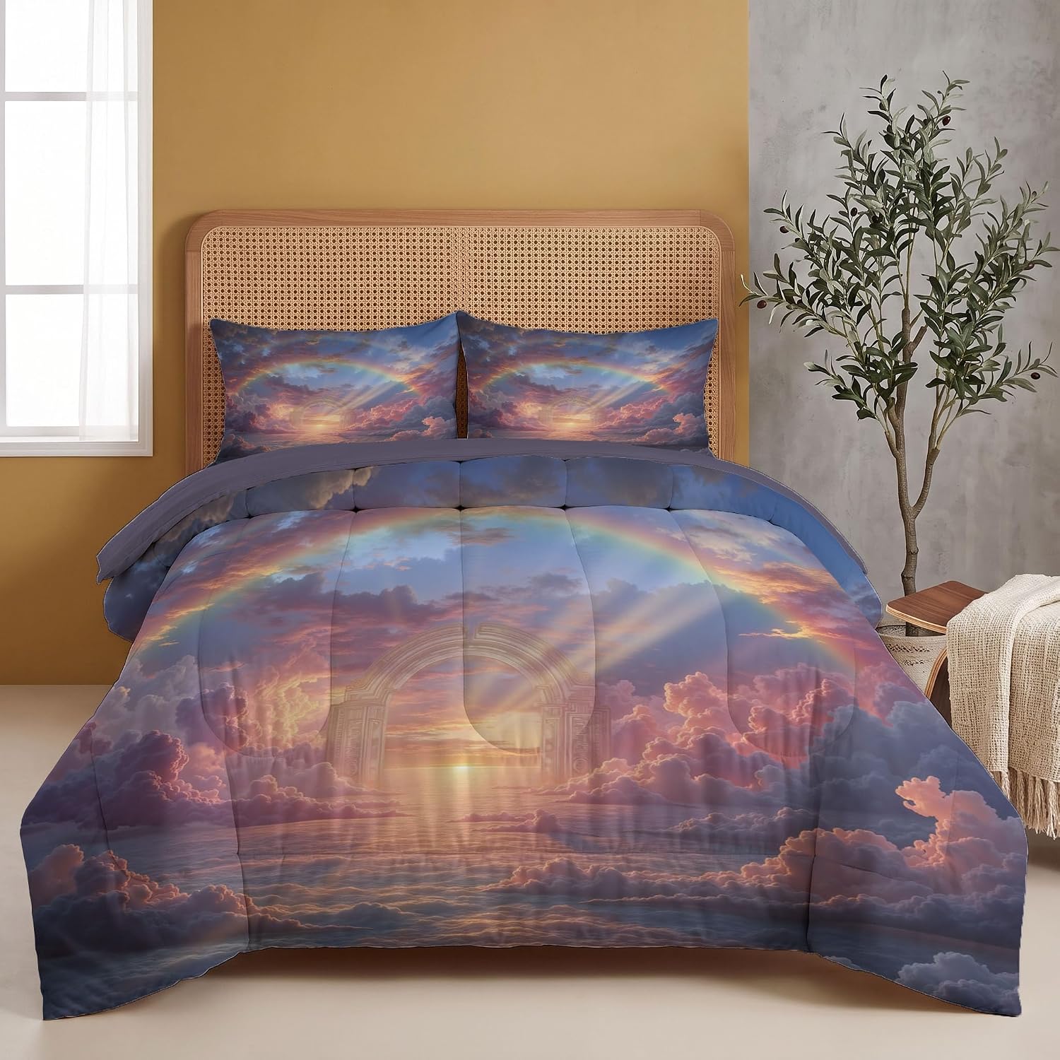 Dreamy Scenery Comforter Set King Size, Rainbow in The Sky Bedding Set for Girls Boys, Pinkish-Purple Quilt Bed 104"X90" Bedding Comforter Sets with 2 Pillowcase Room Decor