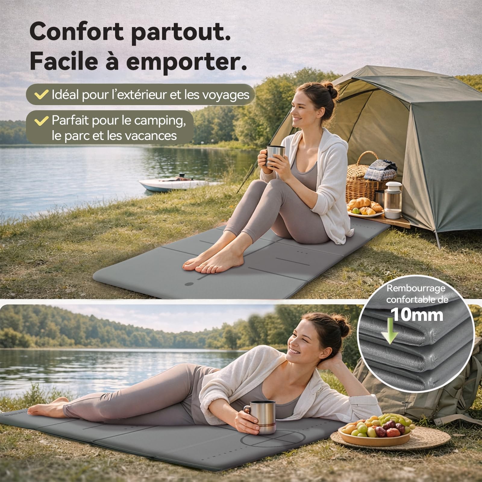 FunLife Tapis de Yoga Pliable XXL 190 × 66 cm – Épaisseur 10 mm, Tapis de Fitness et de Gym Antidérapant pour Yoga, Pilates, Entraînement à Domicile et Extérieur