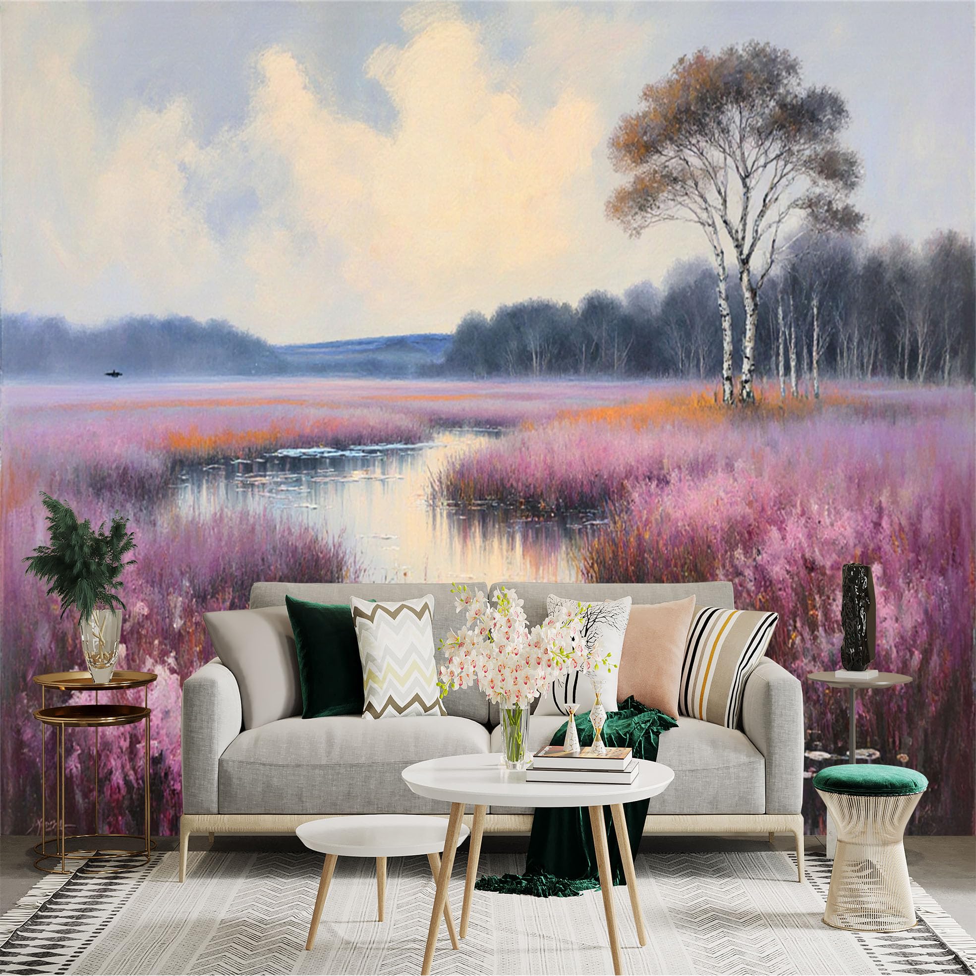 Custom Size Wall Sticker Mural， Misty Lake with Birch Trees and Purple Meadow Landscape， for wall Decoration， peelandstick wall Decals.