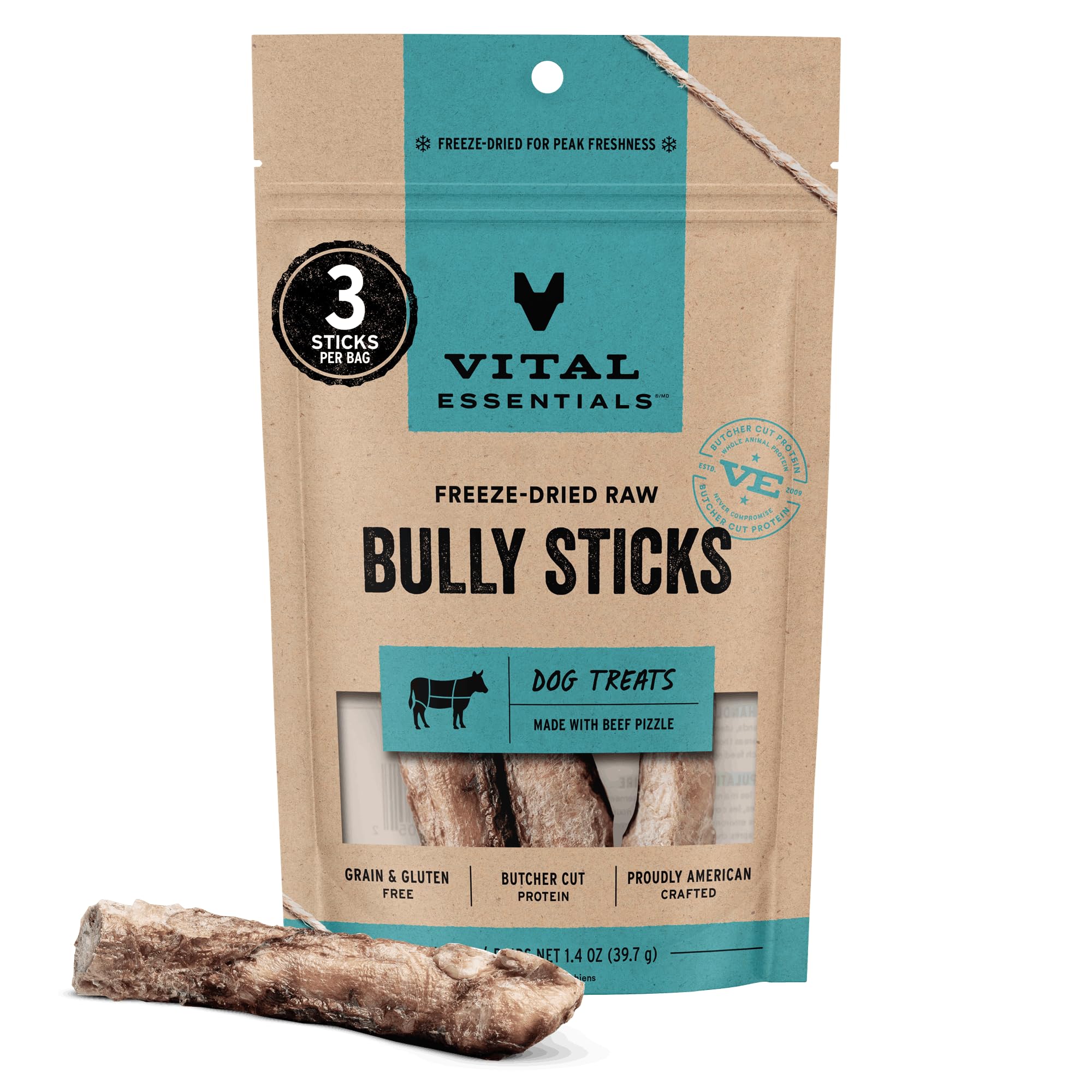 Vital Essentials Freeze Dried Bully Sticks Dog Treats | Premium Quality, Long Lasting | Grain Free Treats for Dogs, (3 Count) 1.4 oz Bag