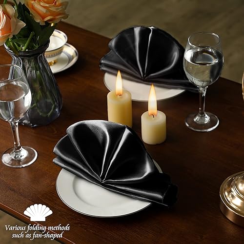 Miniatura 6 de Juego de 60 servilletas de satén negro de 20 x 20 pulgadas, servilletas cuadradas de tela de satén, elegantes y reutilizables para bodas, cenas,