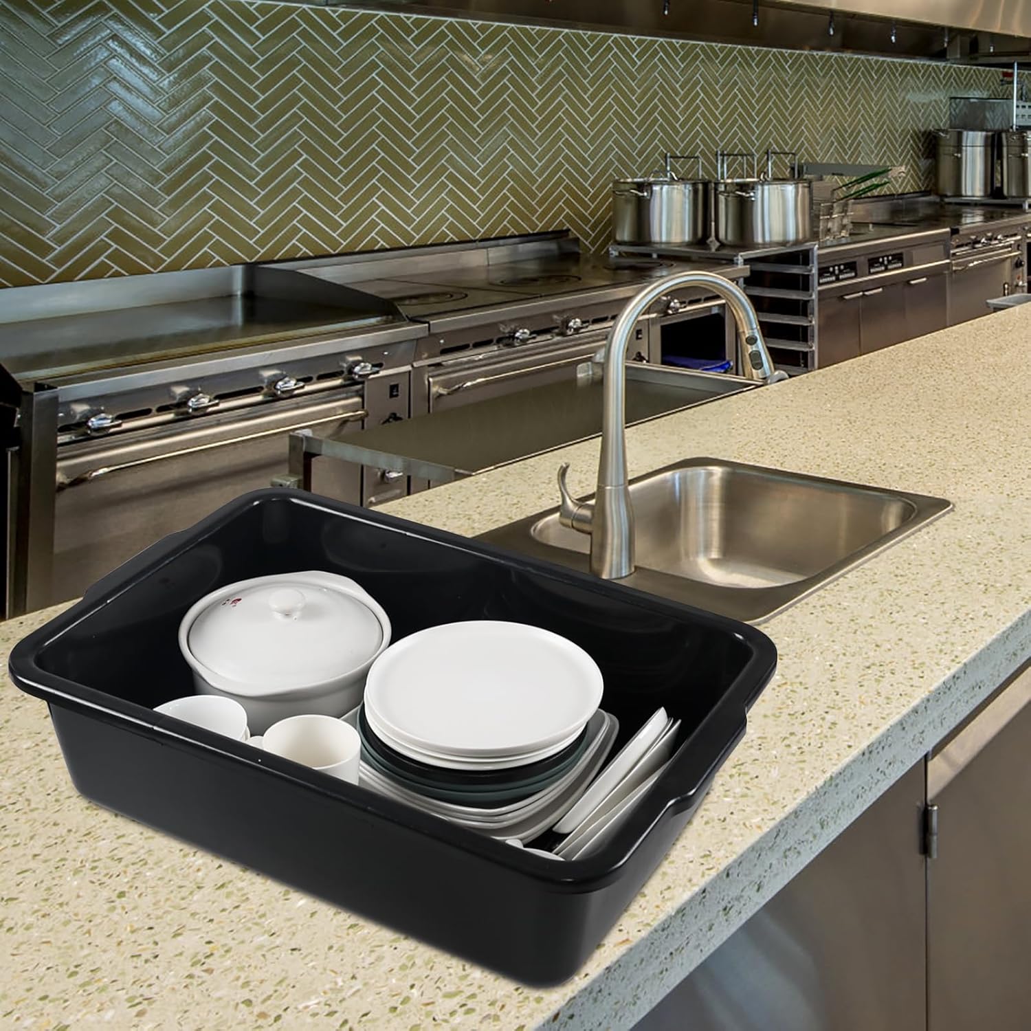 4 Pack 32 L Commercial Bus Tubs, Large Rectangle Dishpan, Wash Basin Tub, Black