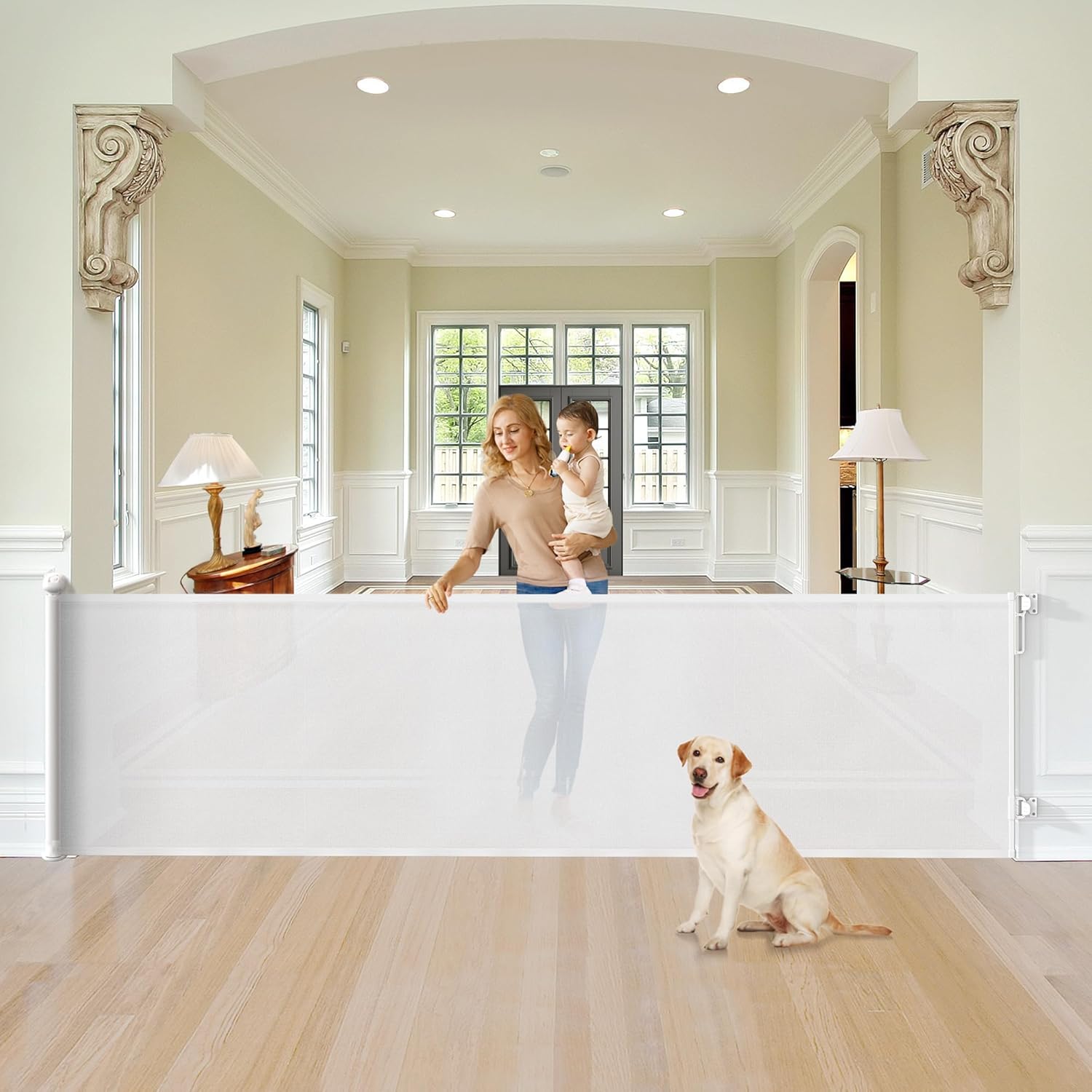 34'' Tall 100'' Extra Wide Retractable Baby Gates for Large Openings, Momssy Child Safety Mesh Gate, Long Dog Gate for Indoor/Outdoor Stairs Hallways Deck Patio Garage Door(White) White 100 inch