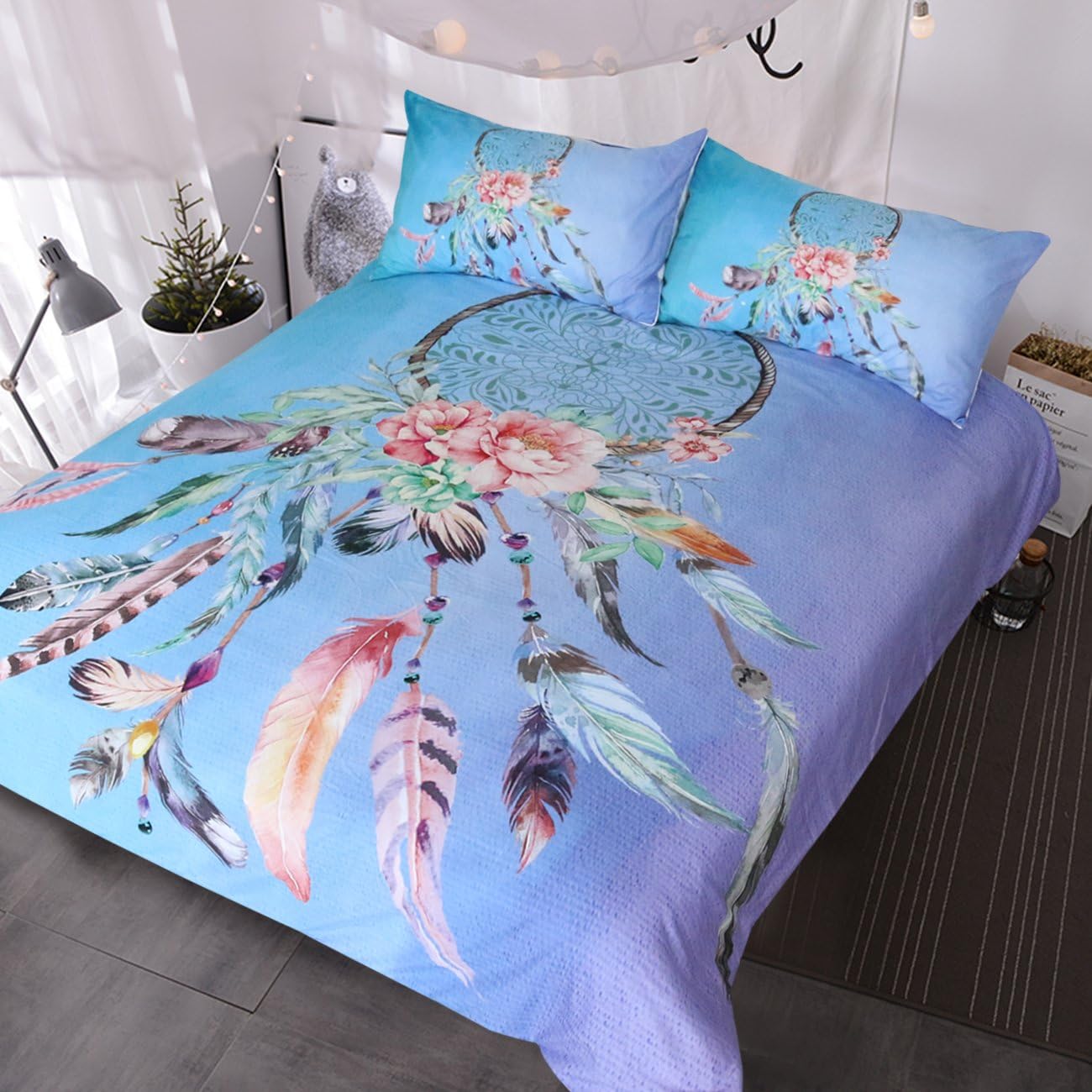 BlessLiving Big Dreamcatcher Colors Bedding, 3 Piece Dream Catcher Duvet Cover Set, Boho Doona Cover Hippie Bedspread Coverlet (Full, Aqua)