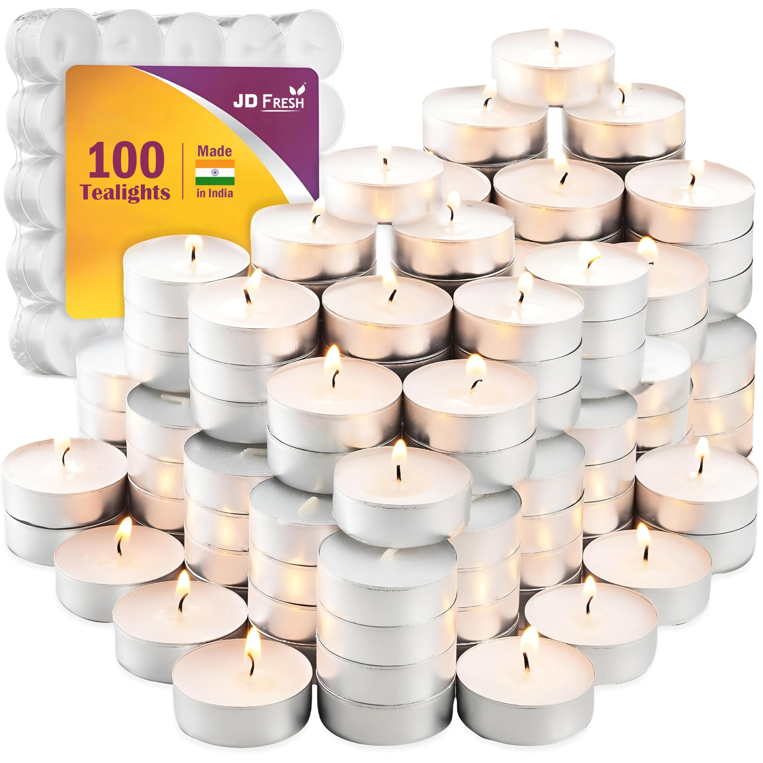 JD Fresh 100 Pieces Smokeless Tealight Candles/Dripless Unscented 3Hr Long Burning Time Each/Paraffin Wax Clean Burn Tealight Candle for Decoration/Home/Wedding/Emergencies (White)-image-42