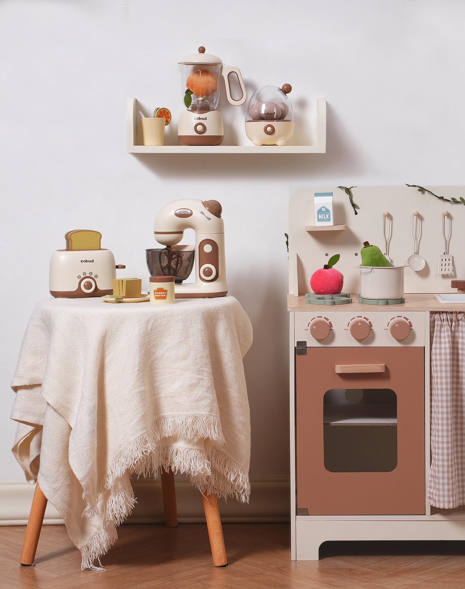 ROBUD Set di accessori da cucina per bambini, utensili da cucina, accessori per la cucina dei bambini, in legno per bambini, tostapane, frullatore, frullatore ad immersione, cuociuova – suoni