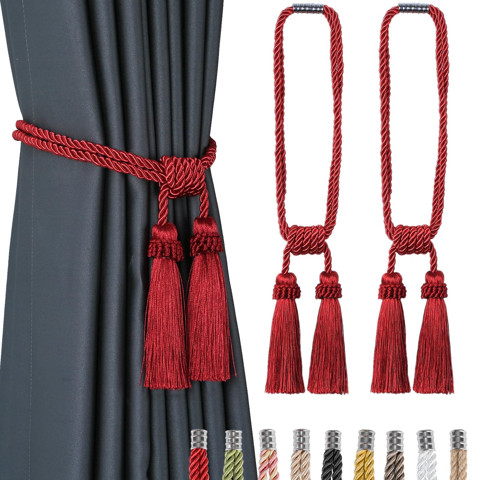 Fenghuangwu Magnetic Curtain Tiebacks 4Pack Tassel Curtain Tieback Modern Handmade Tie Backs,Decorative Tassel Holdback for Draperies,Window Decor (2, Red)