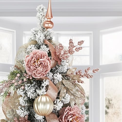 Miniatura 5 de WBHome Árbol de Navidad artificial preiluminado de 5 pies con 200 luces LED y adornos enchufables, decoraciones de Navidad temáticas de oro rosa