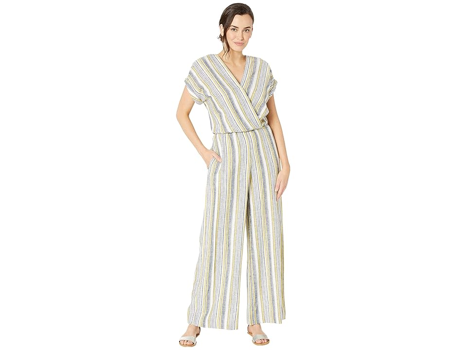

eci Linen Stripe Jumpsuit w/ Surplice Top (Ivory/Black) Women's Jumpsuit & Rompers One Piece