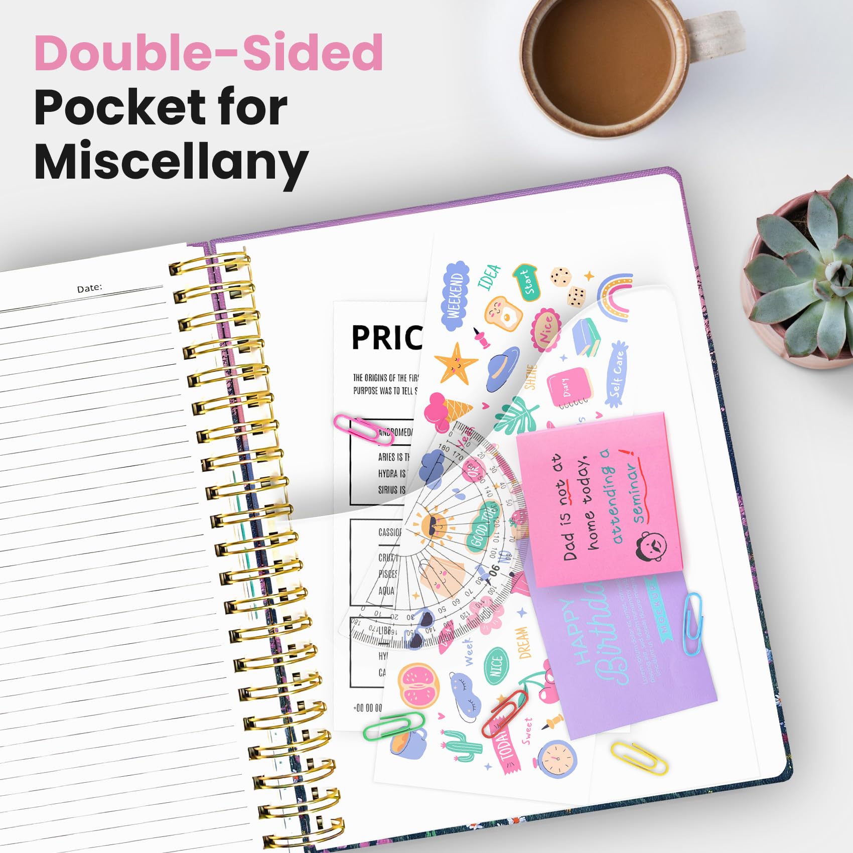 Cuaderno grande en espiral con separadores y pestañas, 8.5 x 11 pulgadas, tapa dura, cuaderno de 5 asignaturas para el trabajo, 280 páginas, rayas universitarias, bonito diario para mujeres, perfecto
