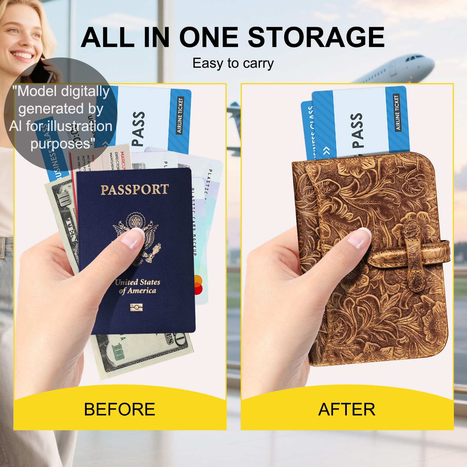 Porta passaporto in pelle per viaggi, donne, uomini, slot per carte di credito con blocco RFID, pelle pieno fiore con fibbia magica, tasca con cerniera, portafoglio passaporto retrò, marrone