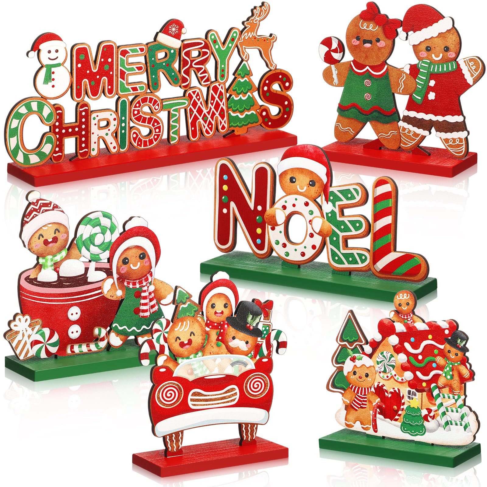 Blosssound 6 Pcs Christmas Wooden Table Decorations Gingerbread Man Table Signs Merry Christmas Noel Hot Cocoa Gingerbread House Candy Cane Centerpieces for Xmas Holiday Indoor Decor