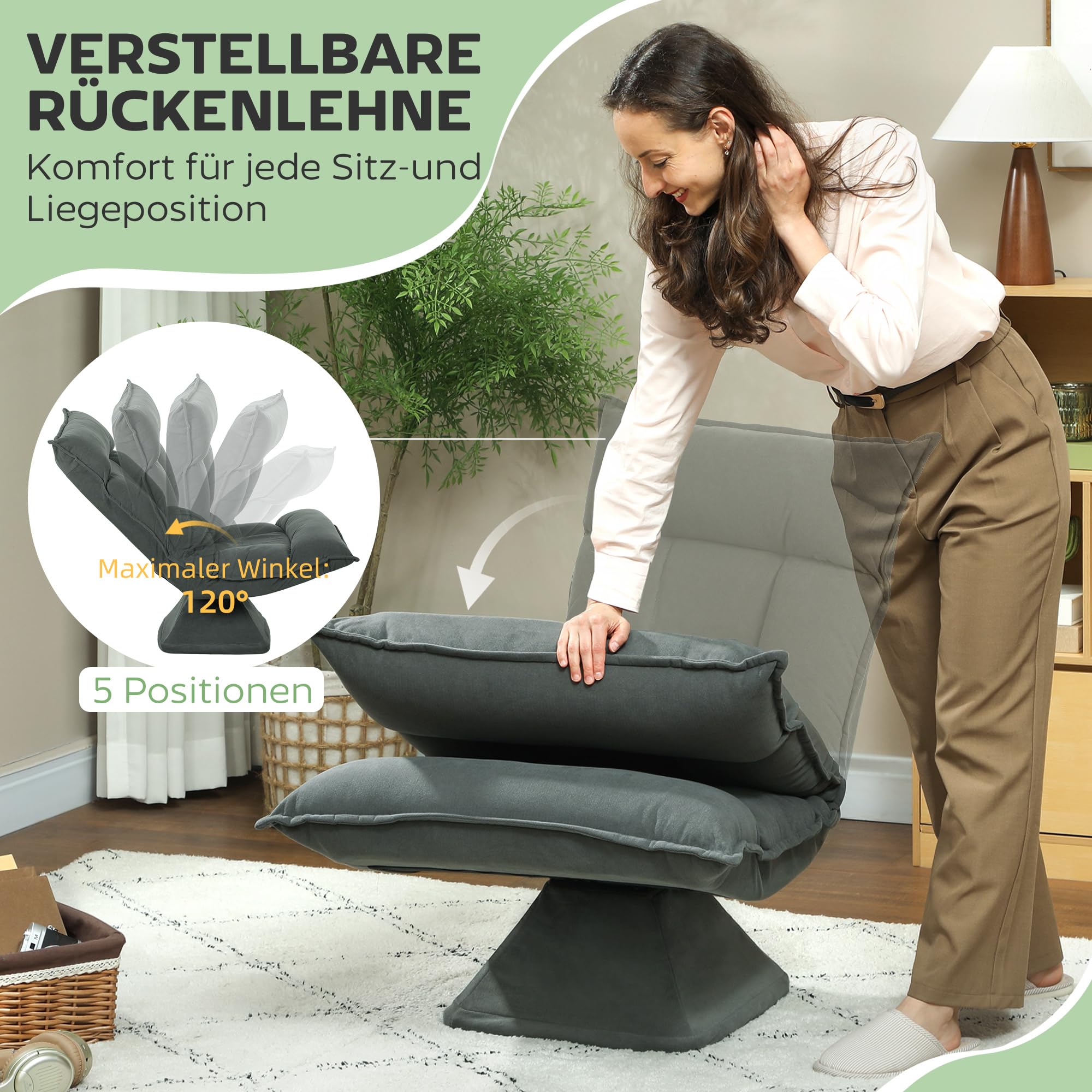 HOMCOM Bodenstuhl 360° Drehbar Bodensessel mit 5-Fach Verstellbarer Rückenlehne, Klappbares Bodensofa Meditationsstuhl Gepolstert Lazy Sofa für Wohnzimmer Gaming & Lesen Dunkelgrau