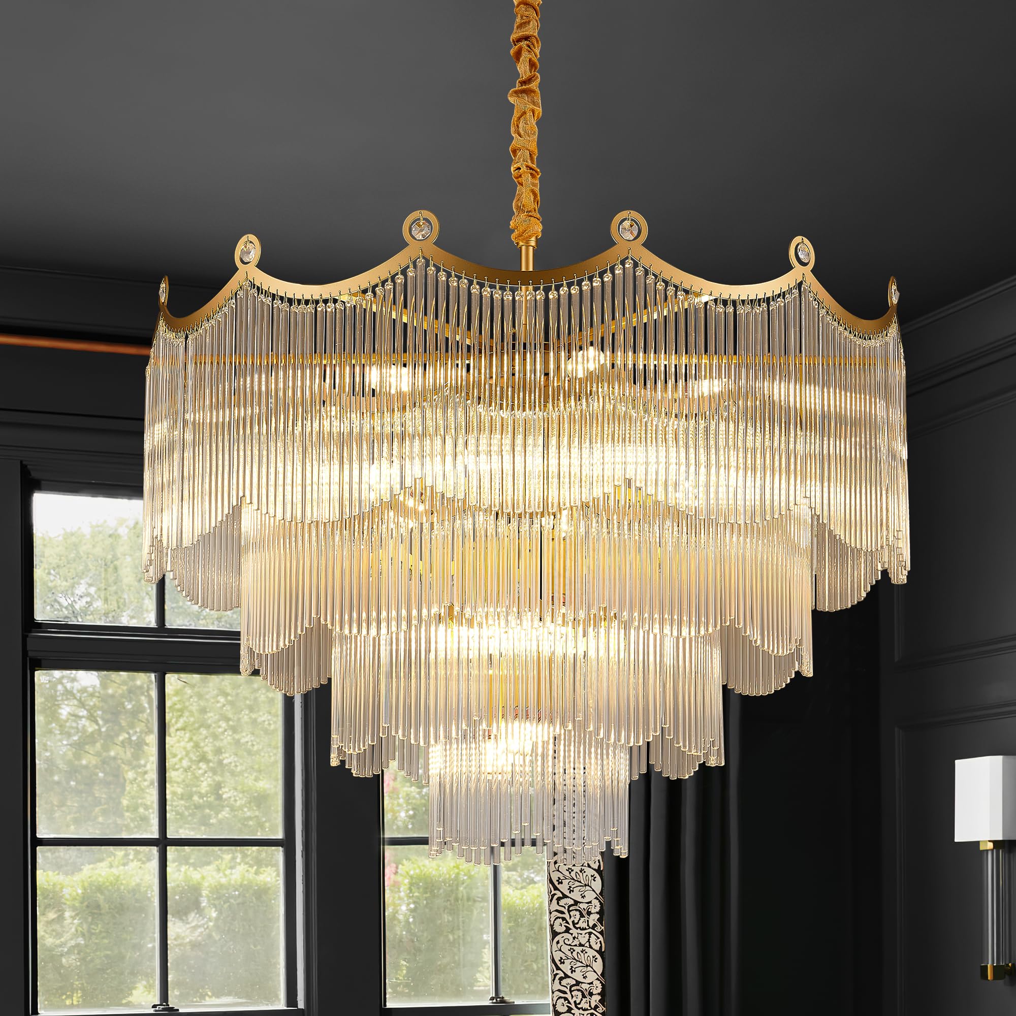 Photo 1 of brfaixla 31.8" Large Modern Glass Gold Chandelier Light Fixture Luxury Glam 4-Tier Crystal Chandeliers for Dining Room 18-Light Round Hanging Ceiling Pendant Lighting for Living Room Bedroom Foyer