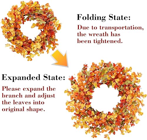 Miniatura 6 de Sggvecsy Corona de otoño de 20 pulgadas, corona de otoño para puerta delantera, corona de cosecha con pequeñas hojas redondas de calabaza, bayas,