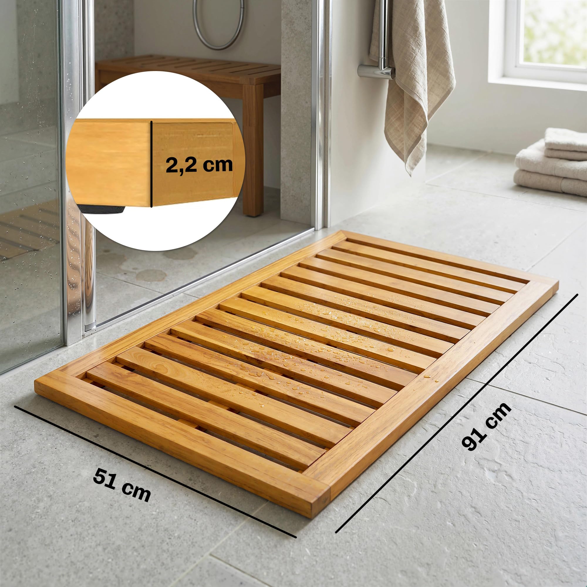 Outsunny Alfombrilla de Ducha de Madera de Acacia, 91x51 cm, Alfombra de Baño Antideslizante con Drenaje, Tarima de Ducha Interior y Exterior, para Baño, SPA, Jardín o Piscina