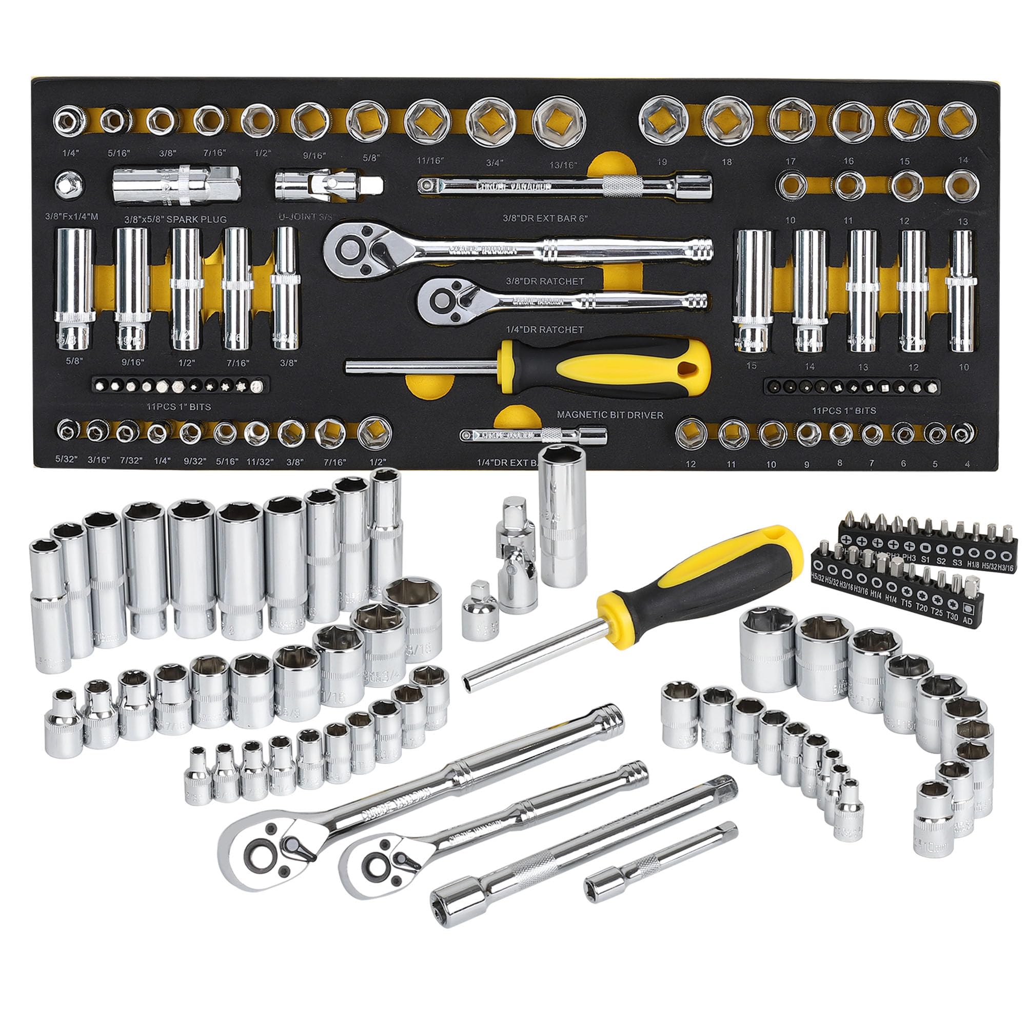 TOPLINE79-Piece 1/4” & 3/8”Drive Impact Socket Wrech Set, 6-Point Socket Set, Metric, SAE CR-V Sockets with EVA Foam Tray for Bench Storage, Deep & Standard Mechanic Tool Set for Home Maintenance