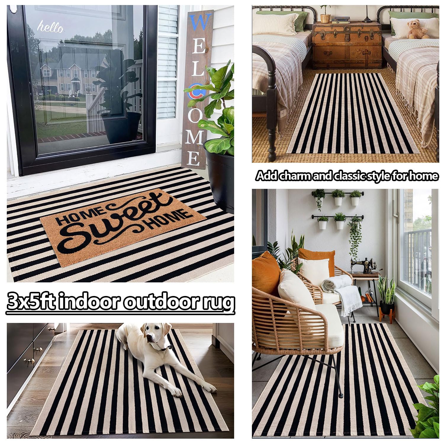 Indoor Outdoor Rug 3x5 Front Door Mat Outdoor Cotton Welcome Mat Outdoor Farmhouse Layered Mat Washable Stripe Outdoor Mats for Entrance Front Door Porch Balcony(Black/Tan) — view 4