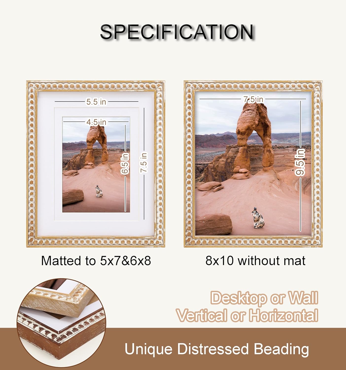 8x10 Rustic Picture Frame, Decorative Distressed Beaded Detailing, Natural Pine Wood with Real Glass, Matted to 5x7/6x8 Photos, Gallery Wall and Tabletop Display, Natural