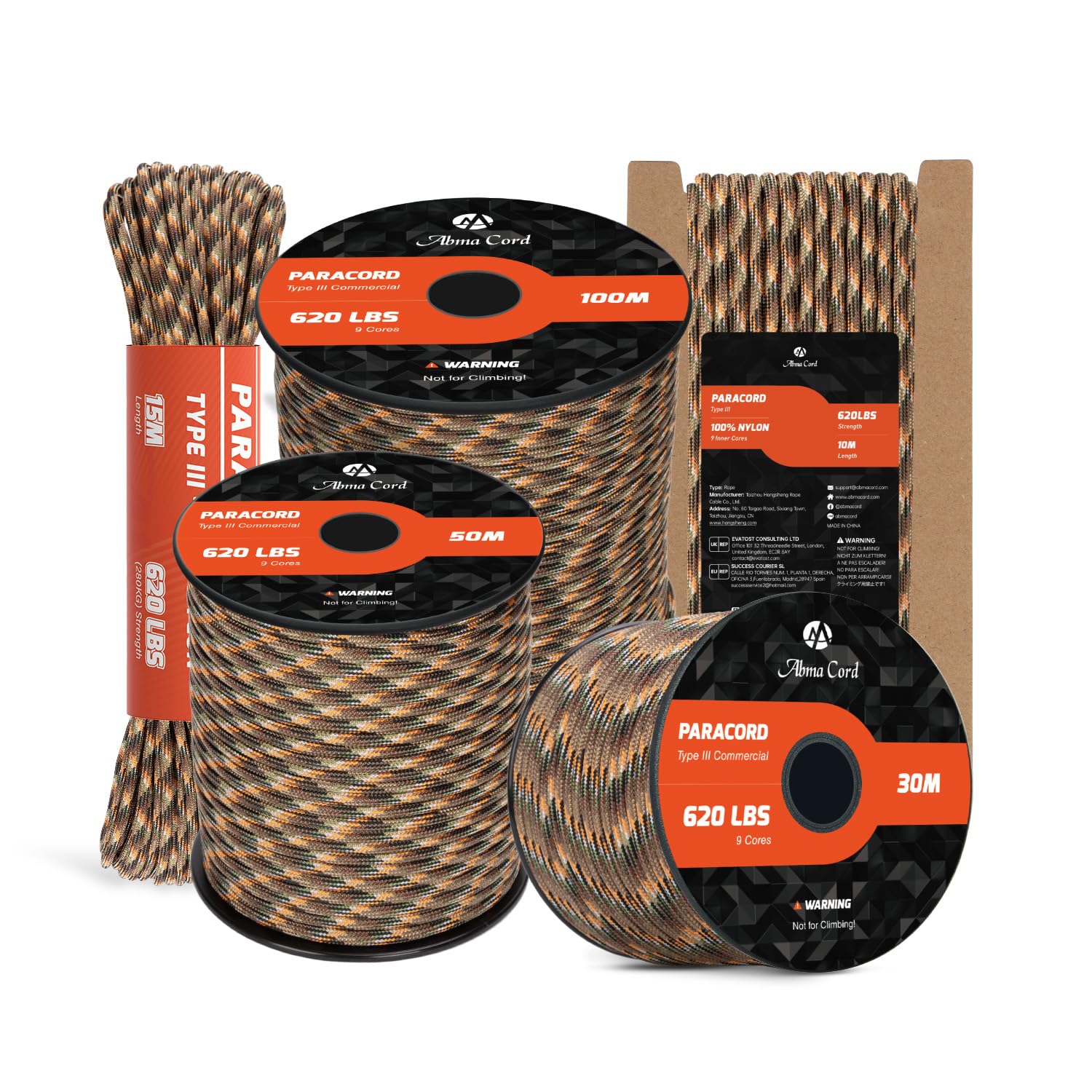 Abma Cord Paracord 4mm 10m 100% Nylon Rope 9 Strands Type III Parachute Cord for DIY, Camping, Survival, Outdoor - Max. 280kg - Hidden Camo