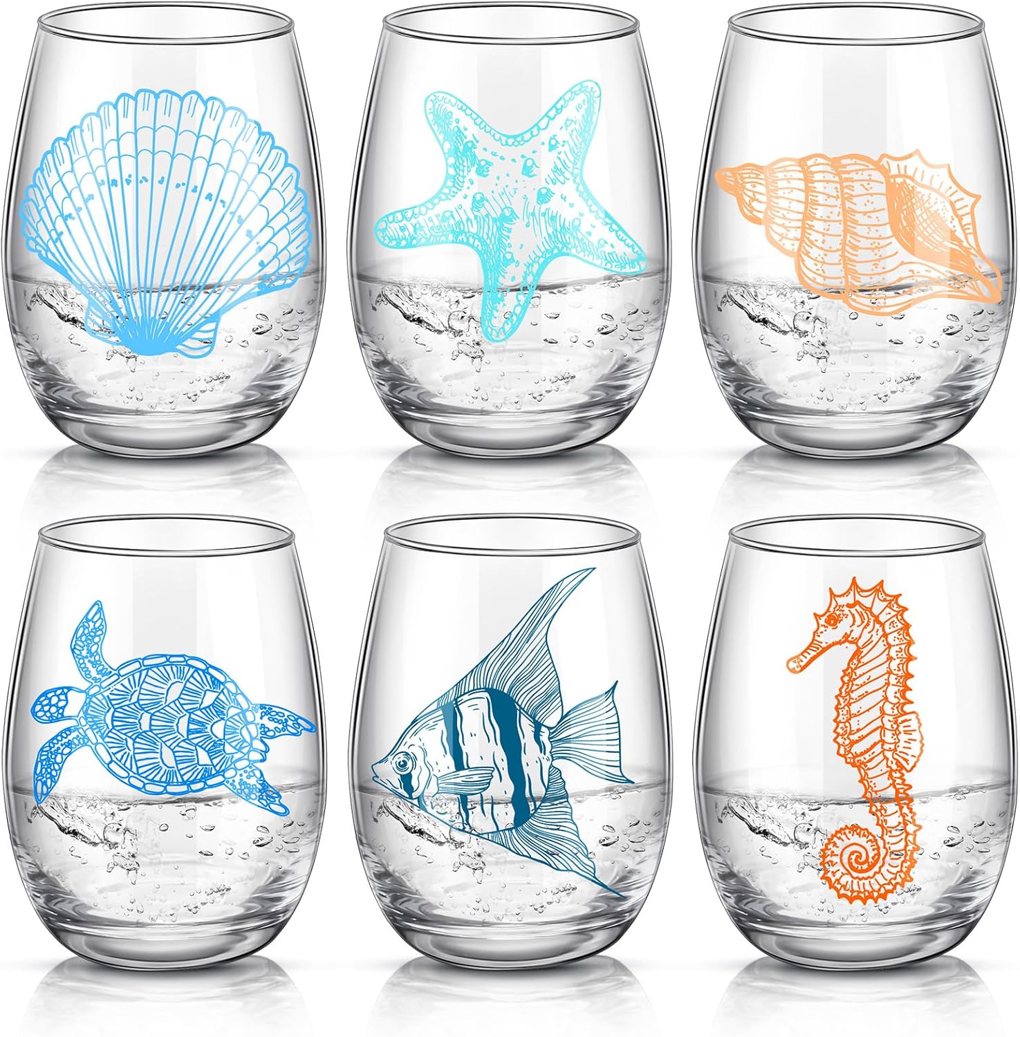 6 Pcs Ocean Stemless Wine Glasses Sea Beach Turtle Starfish Sea Conch Seashore Glassware Bottle Glass Cute No Stem Drinking Glassware for Women Men Christmas Birthday Wine Lovers Gifts