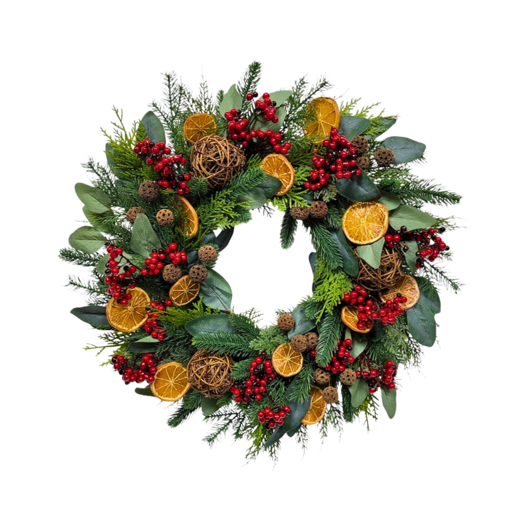 Shatchi Orange With Berry 60Cm Christmas Wreath For Front Door With Artificial Foliage Orange Slices, Berries, Eucalyptus Rattan Balls Ornaments, Wall Fireplace Indoor Outdoor Xmas Holiday Decorations