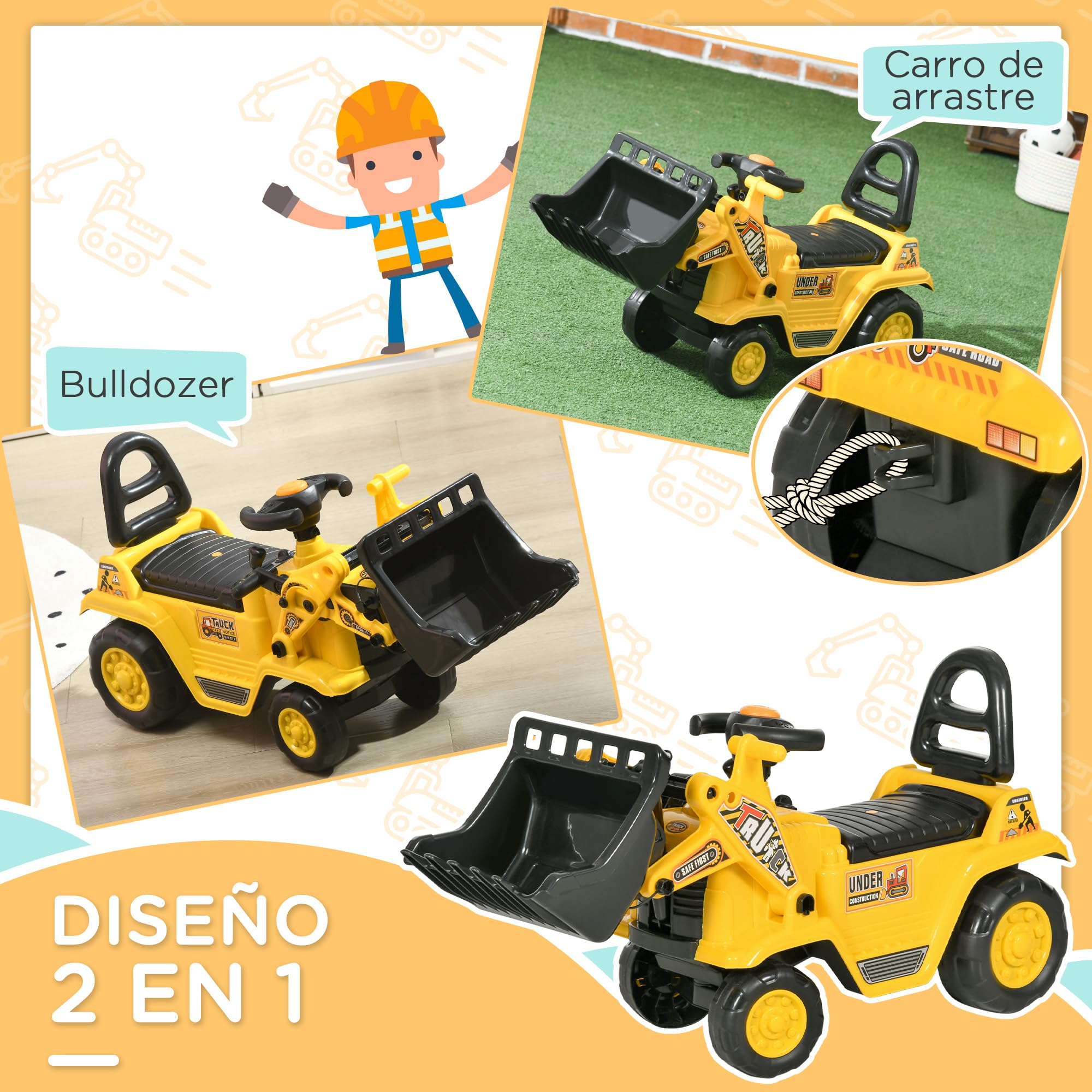 HOMCOM Tractor a Pedales para Niños de 18 a 48 Meses, Excavadora para Niños con Pala Delantera, Bocina, Volante y Compartimento Oculto bajo el Asiento, Carga 30 kg, 80x26,5x39 cm, Amarillo