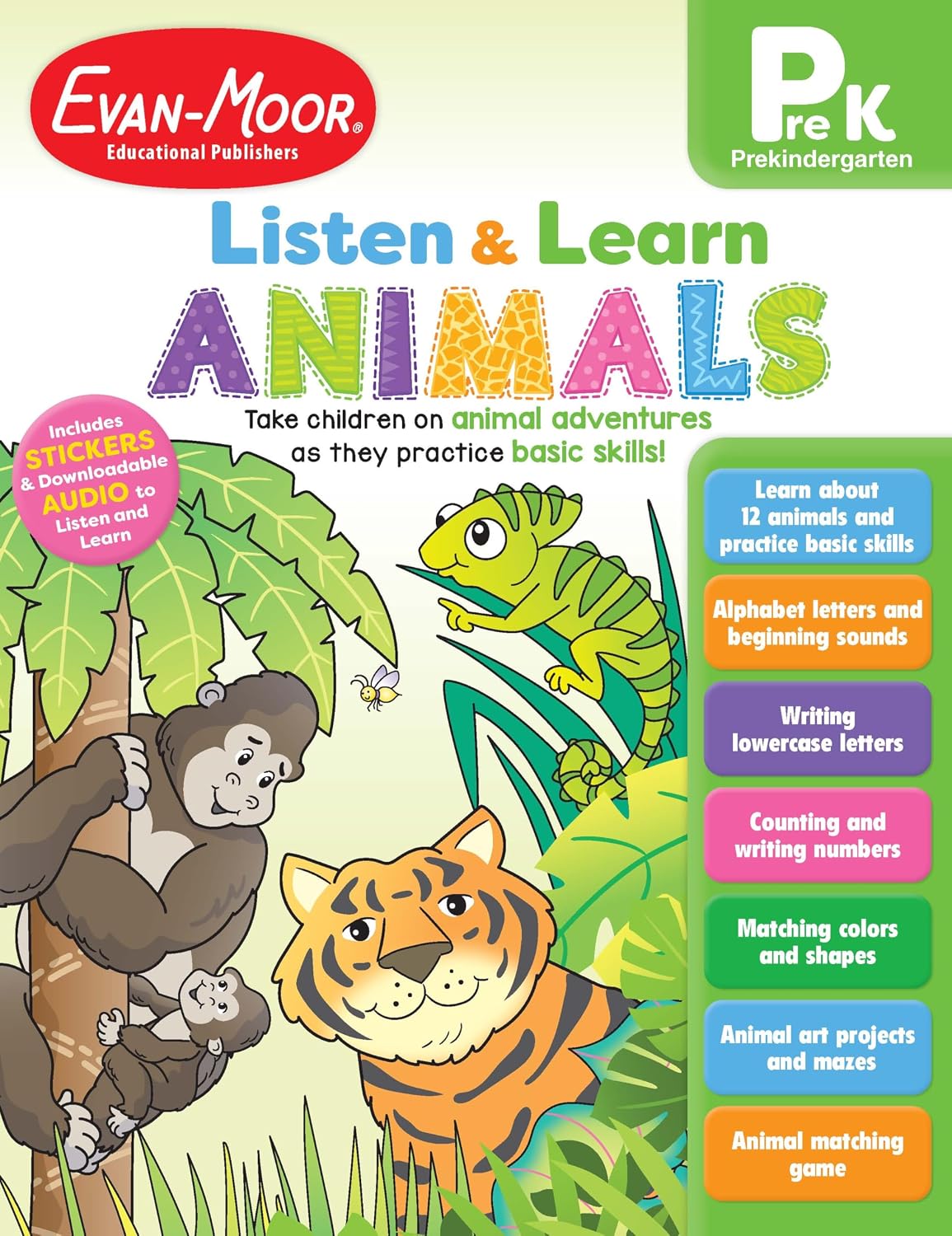 Evan-Moor Listen and Learn Animals, Grade PreK, Activity Workbook ...